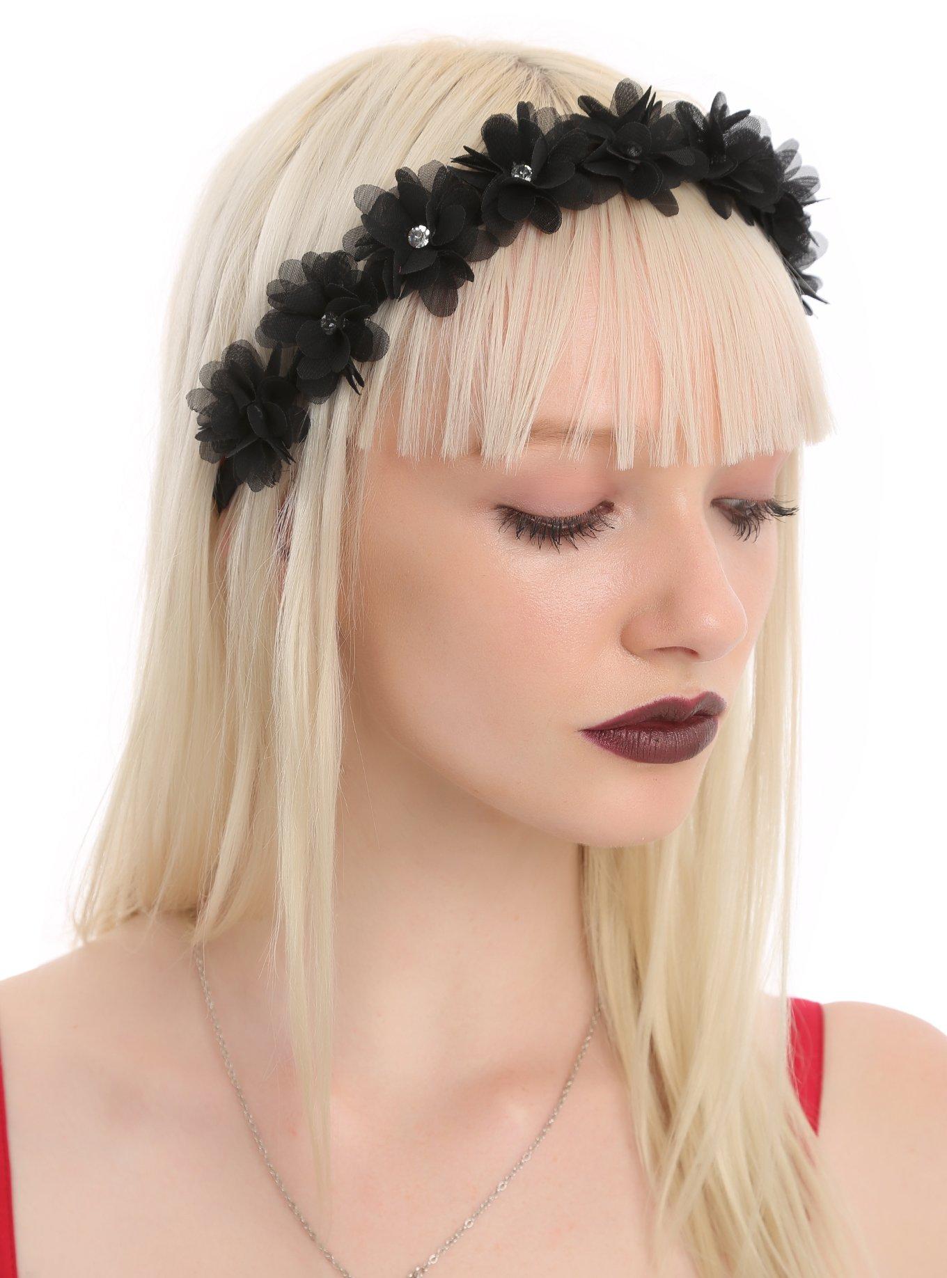 Black Bling Flower Stretch Headband, , hi-res