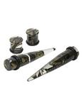Acrylic Black And Gold Tone Marble Taper And Plug 4 Pack, BLACK, hi-res