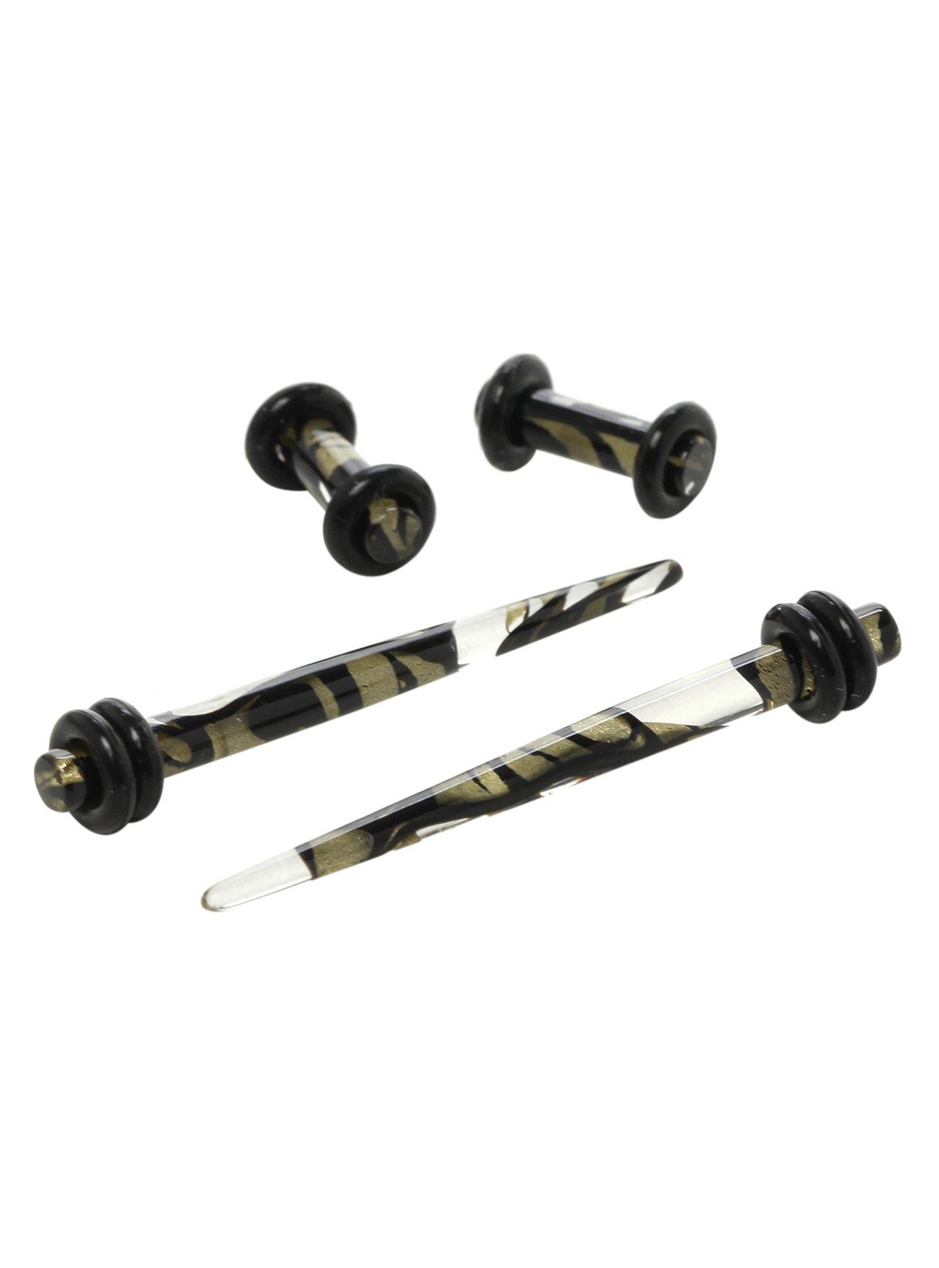 Acrylic Black And Gold Tone Marble Micro Taper And Plug 4 Pack, BLACK, hi-res