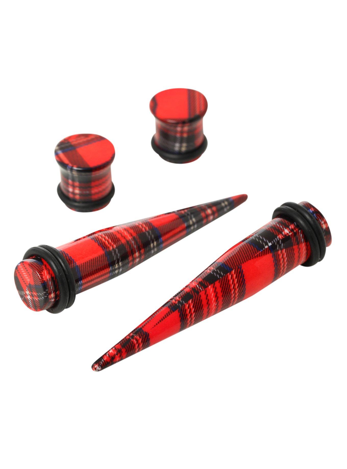 Acrylic Red Plaid Taper And Plug 4 Pack, , hi-res