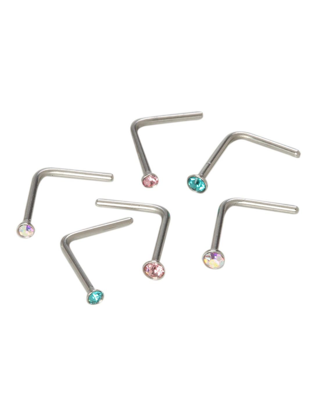 20G Steel Pink Turquoise Iridescent L-Shaped Nose Bone 6 Pack, TURQUOISE, hi-res