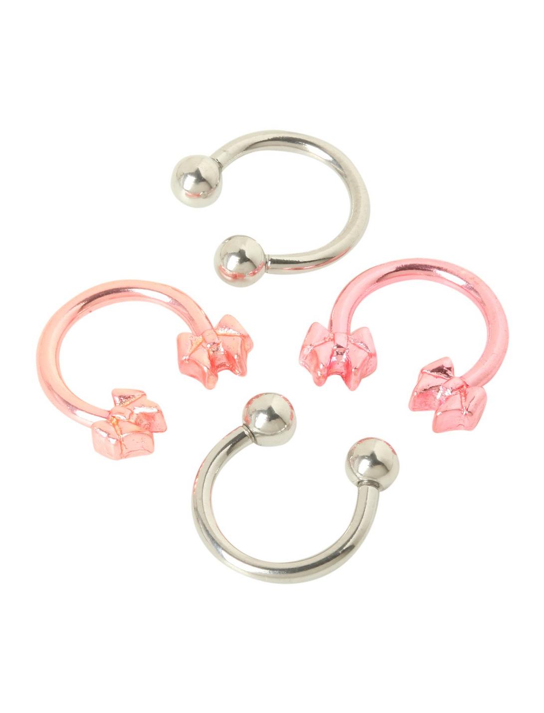 Steel Pink Bow And Silver Tone Circular Barbell 4 Pack, BLACK, hi-res