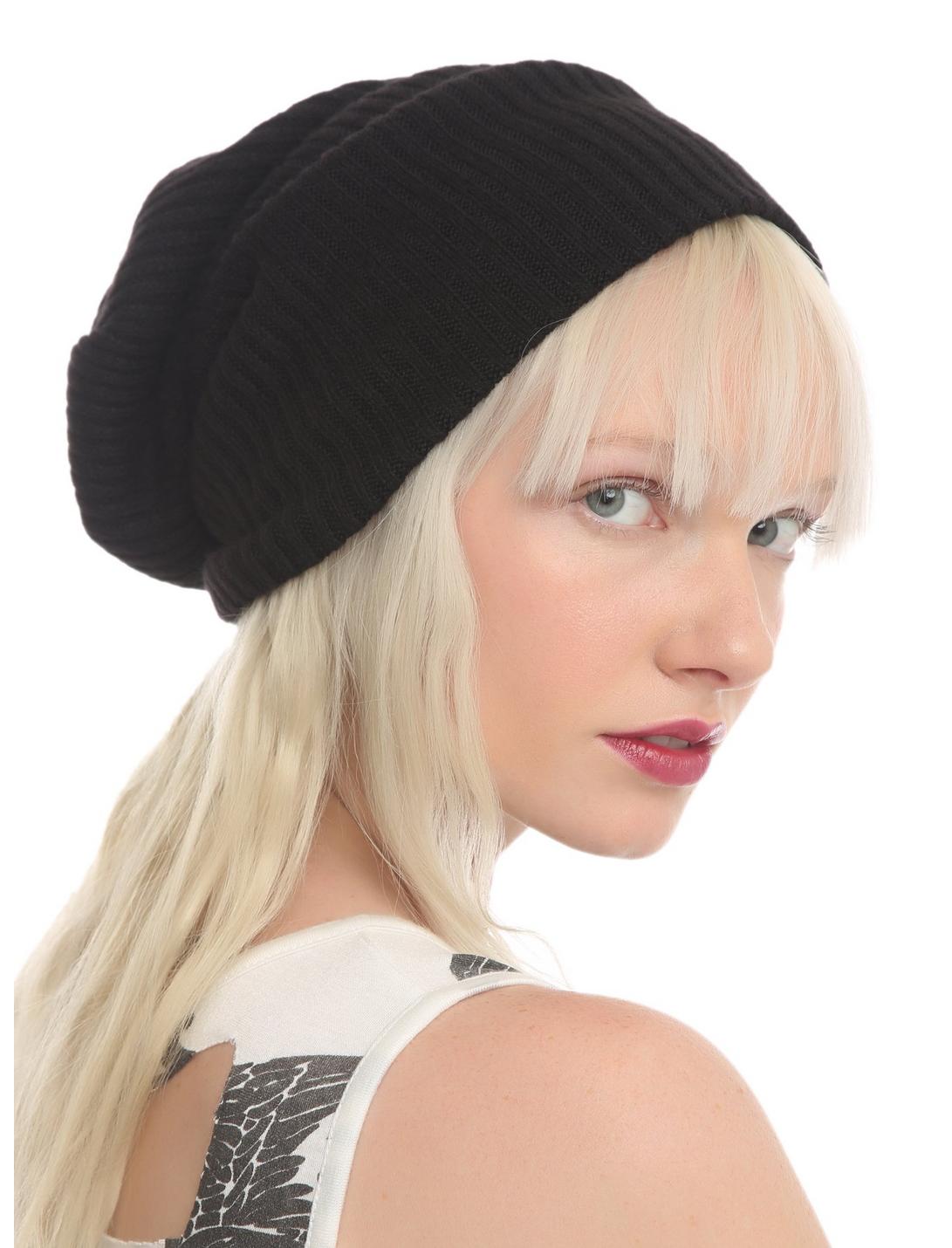 Black Ribbed Knit Slouch Beanie, , hi-res