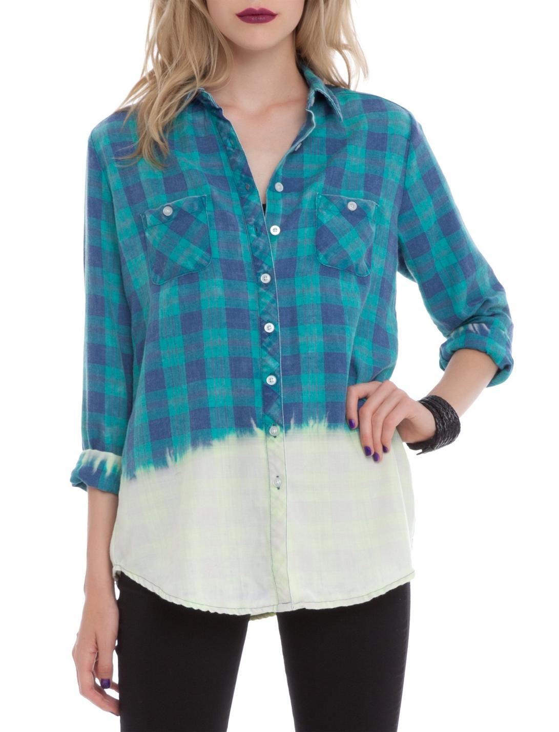 Green Plaid Bleached Out Top, TEAL, hi-res