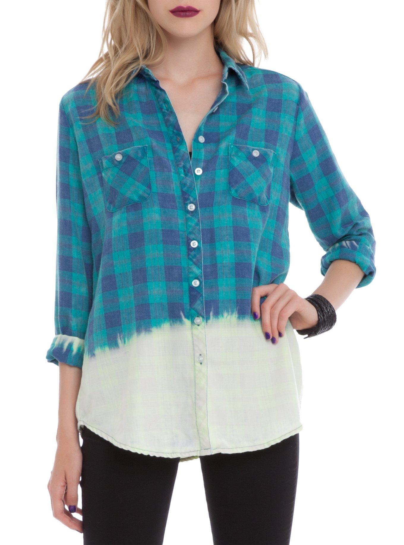 Green Plaid Bleached Out Top, TEAL, hi-res