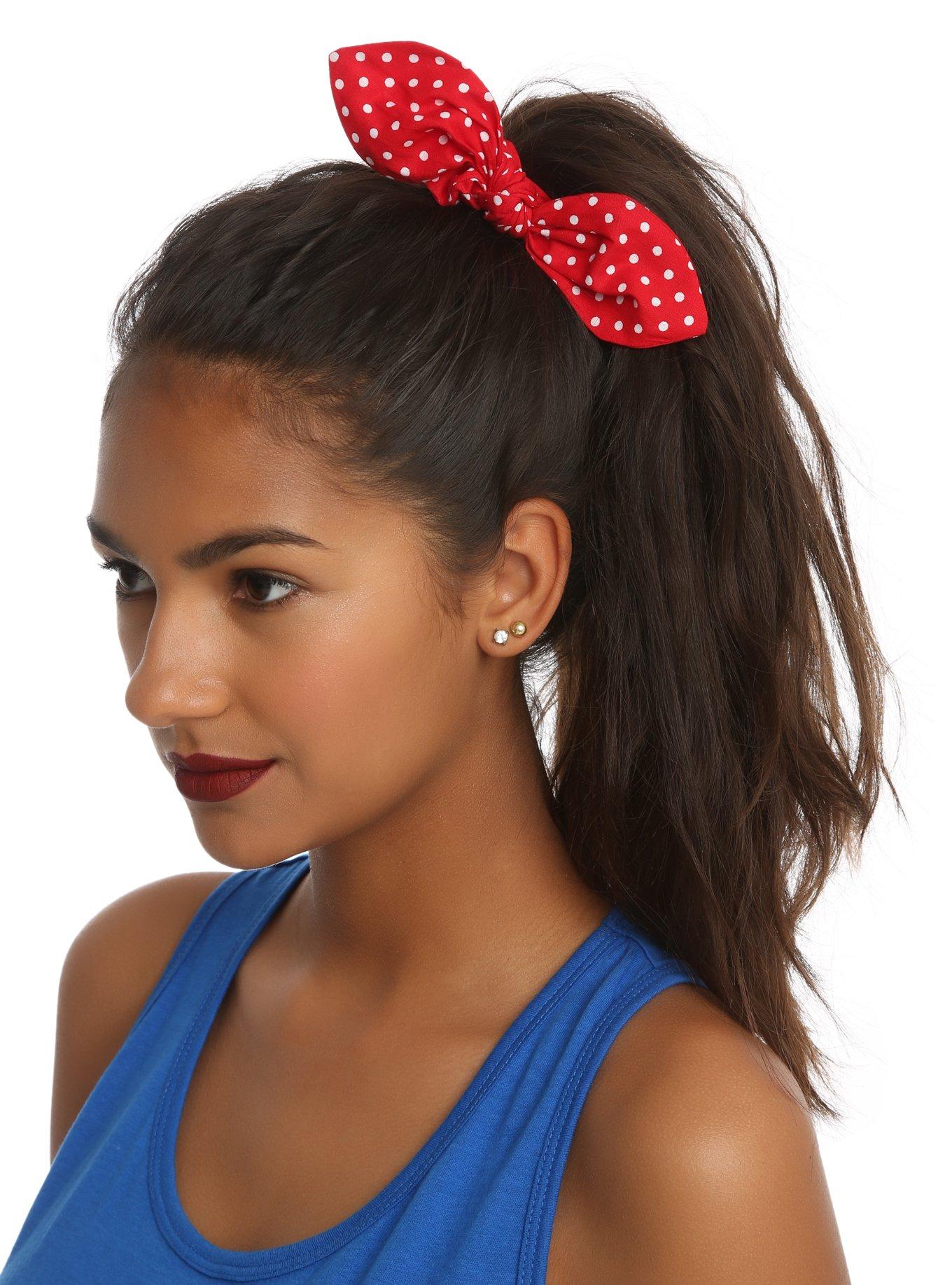 Red White Polka Dot Bow Scrunchie, , hi-res