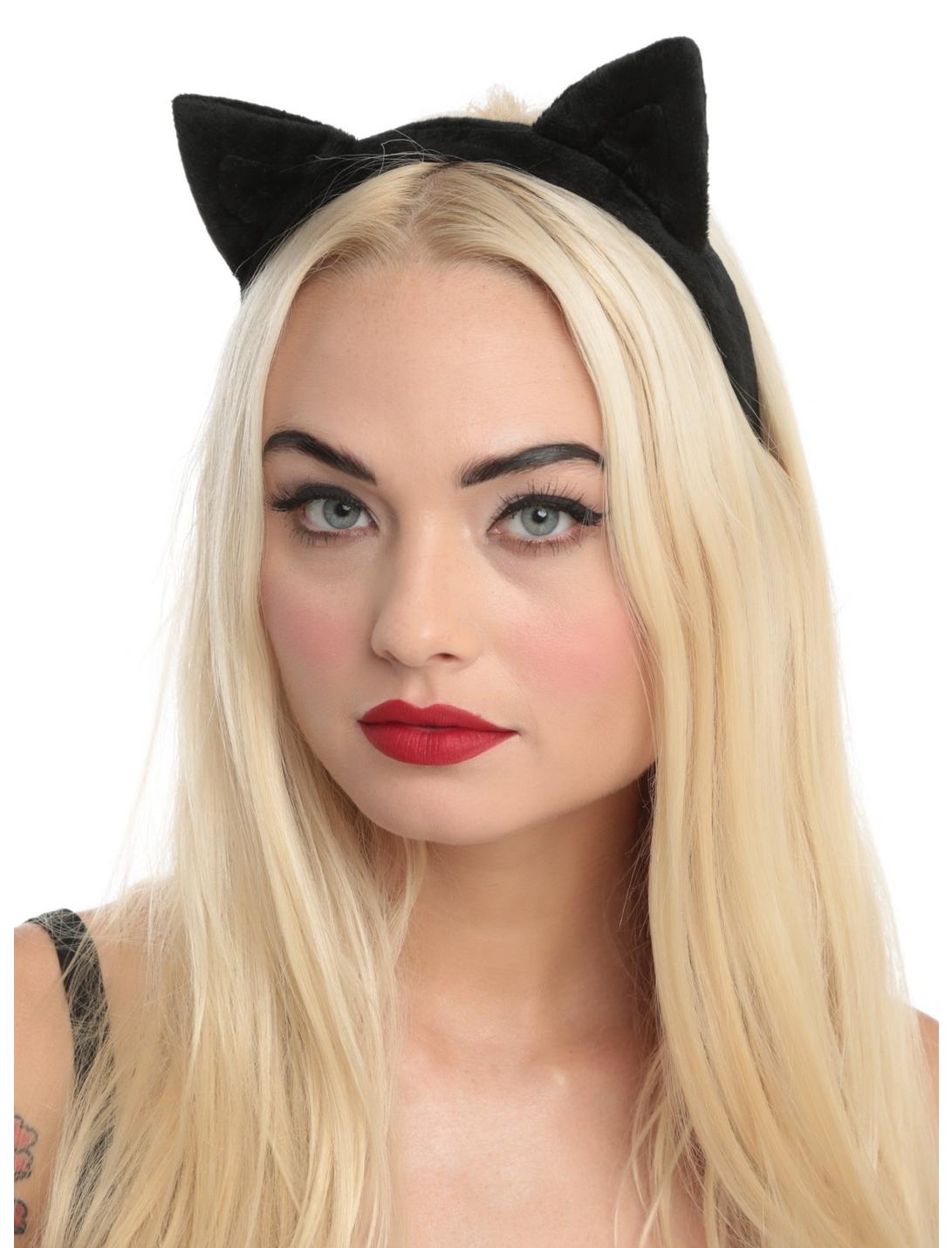 Black Plush Cat Ear Headband, , hi-res