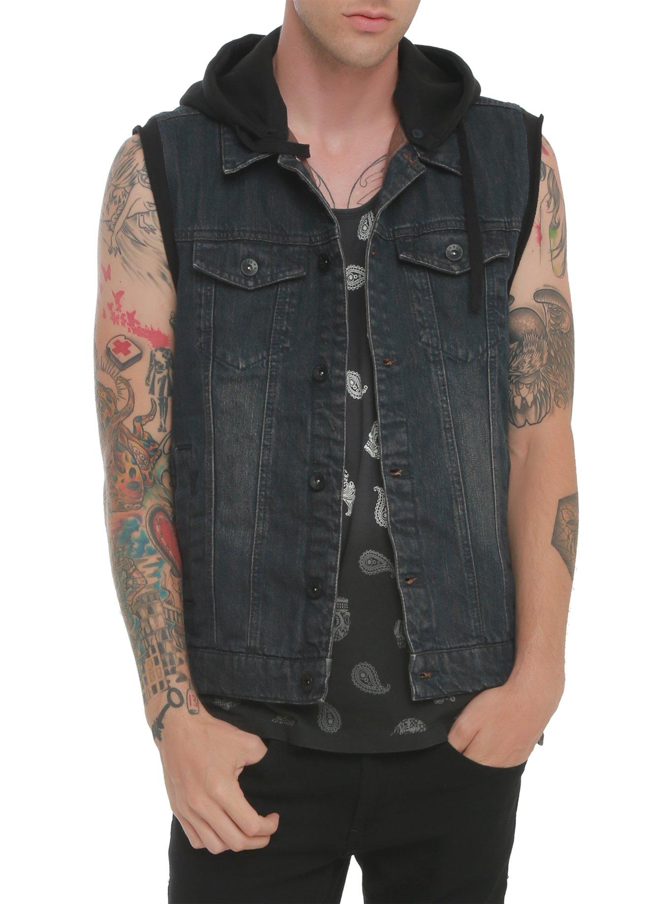 RUDE Indigo Hooded Cap Denim Vest, DARK BLUE, hi-res