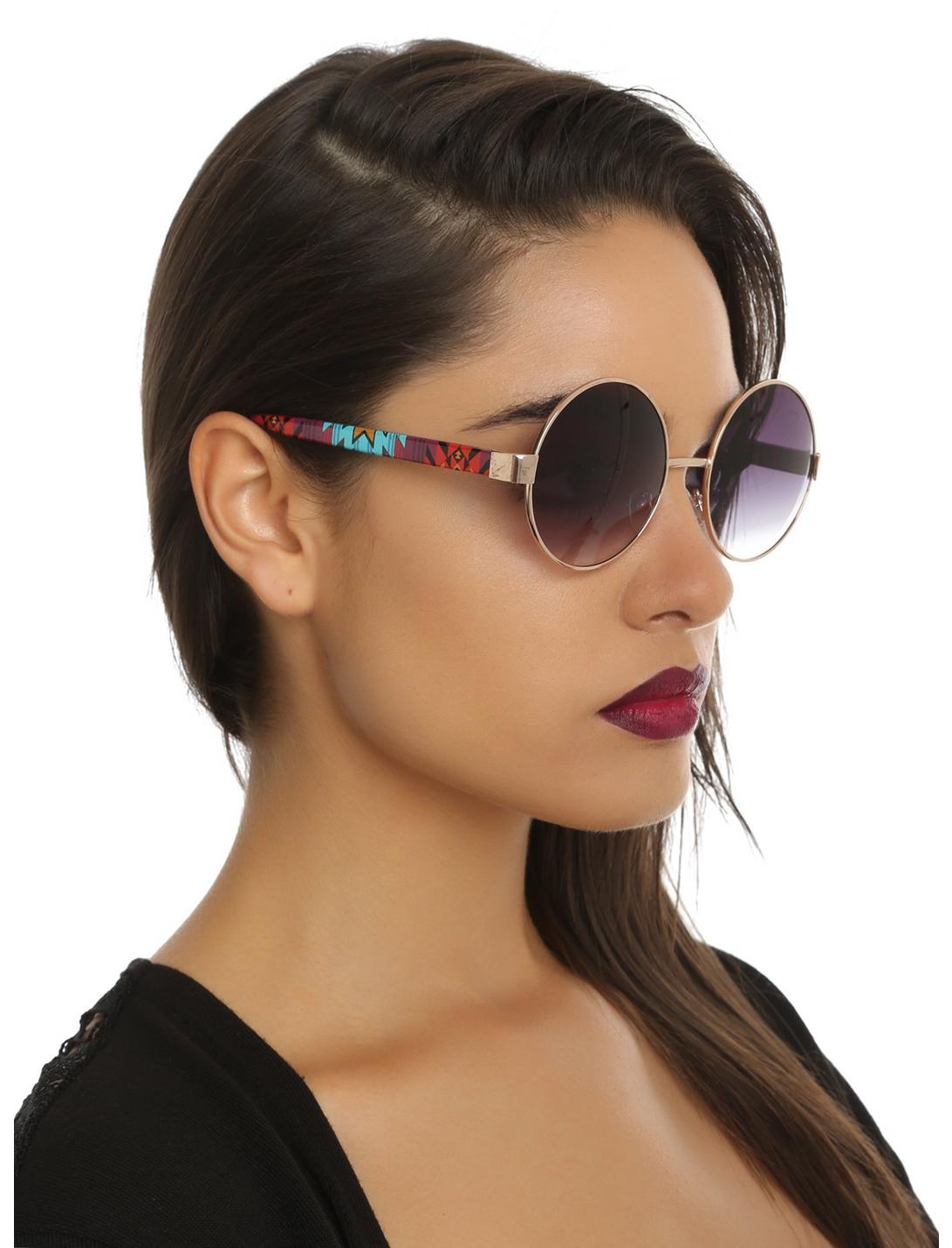 Gold Tone Wire Tribal Arm Round Sunglasses, , hi-res