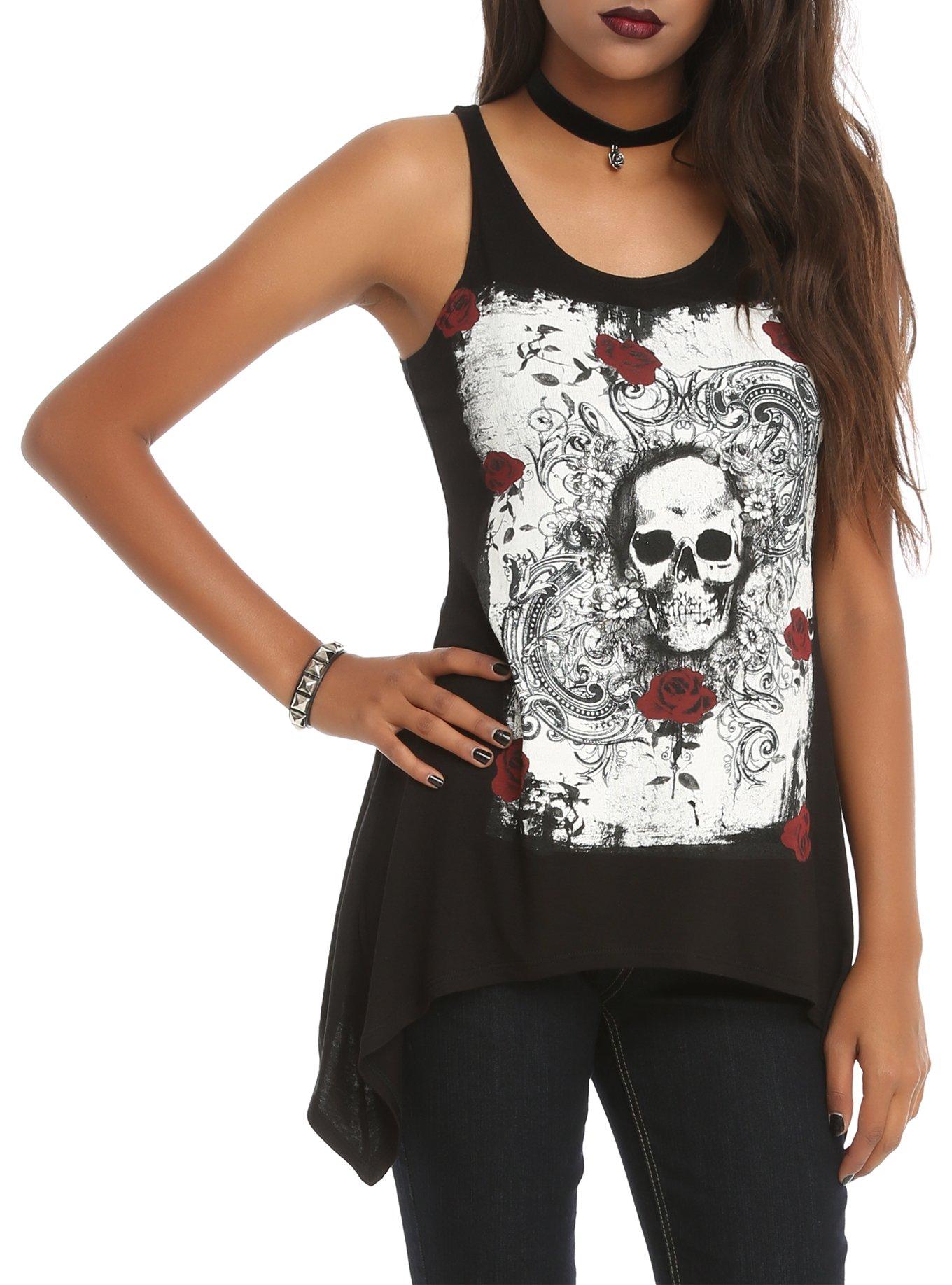 Black Skull Rose Tank Top, BLACK, hi-res