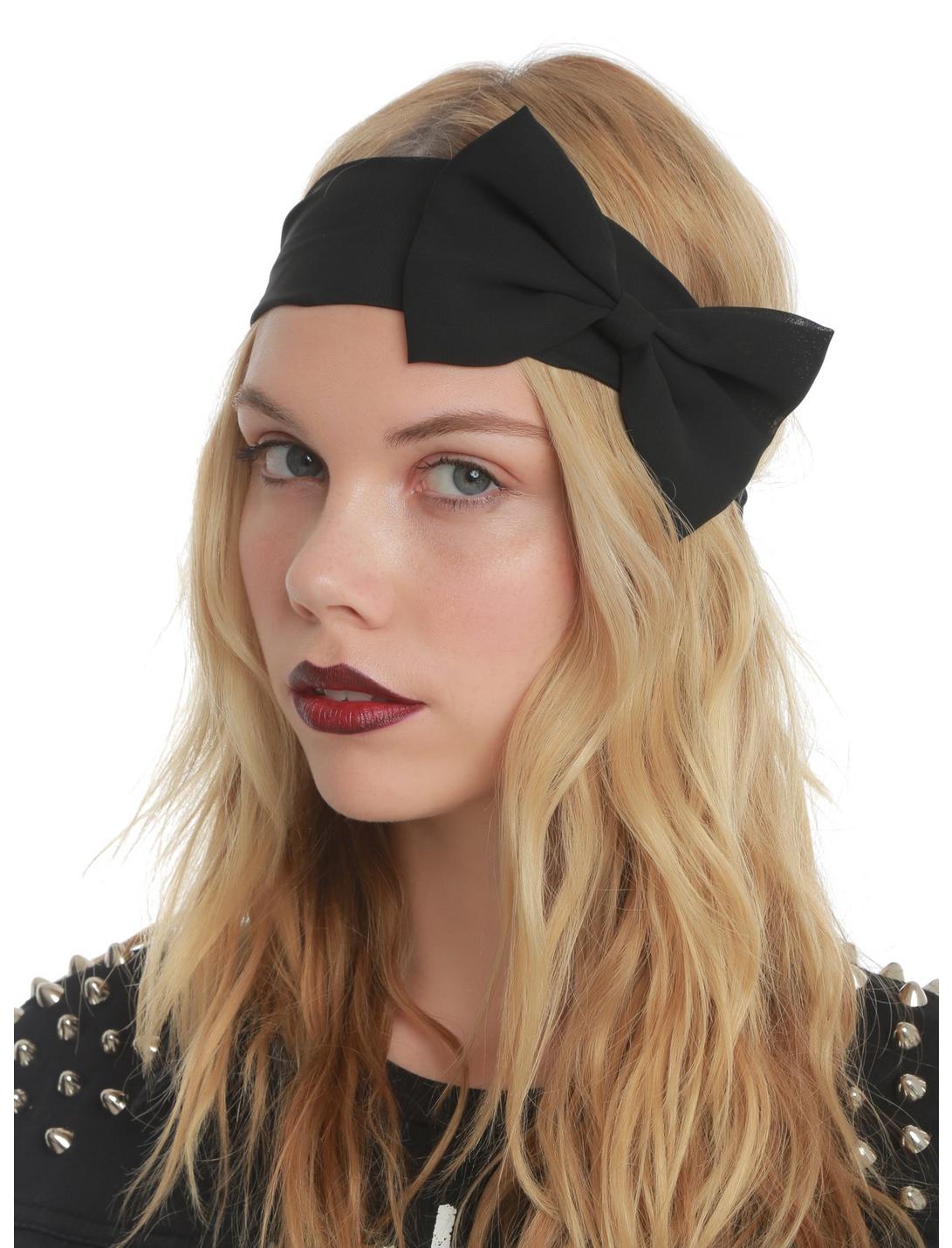 LOVEsick Solid Black Chiffon Bow Stretchy Headband, , hi-res