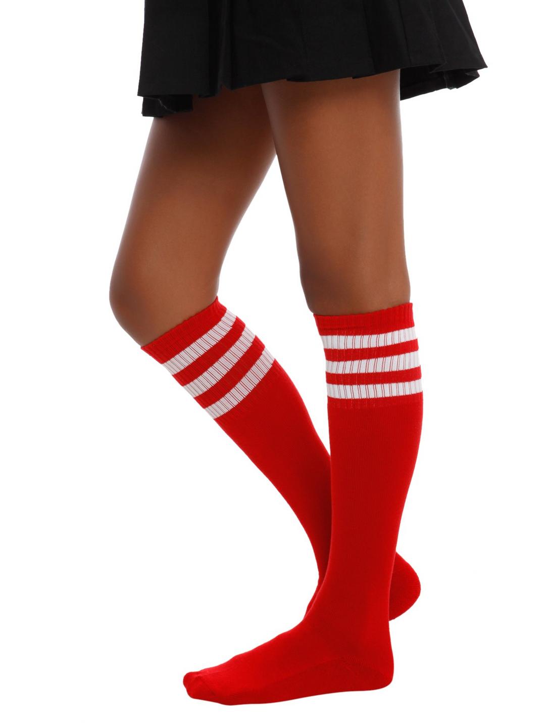 Red And White Knee-High Crew Socks, , hi-res
