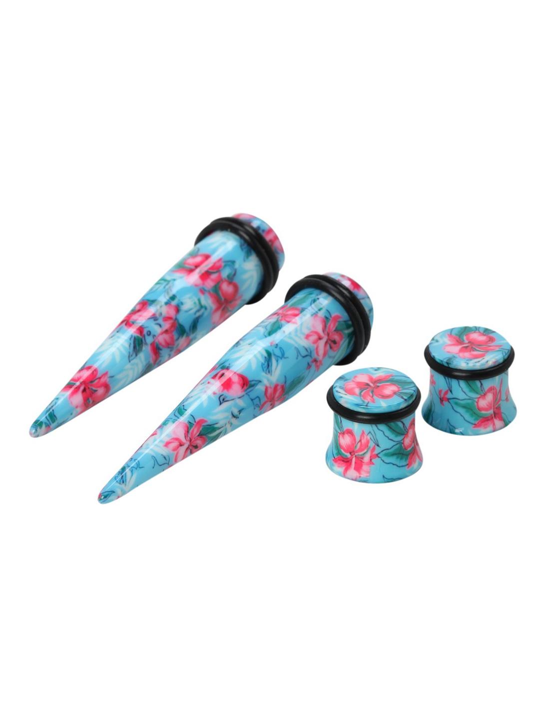 Acrylic Blue And Pink Hibiscus Taper And Plug 4 Pack, BLACK, hi-res