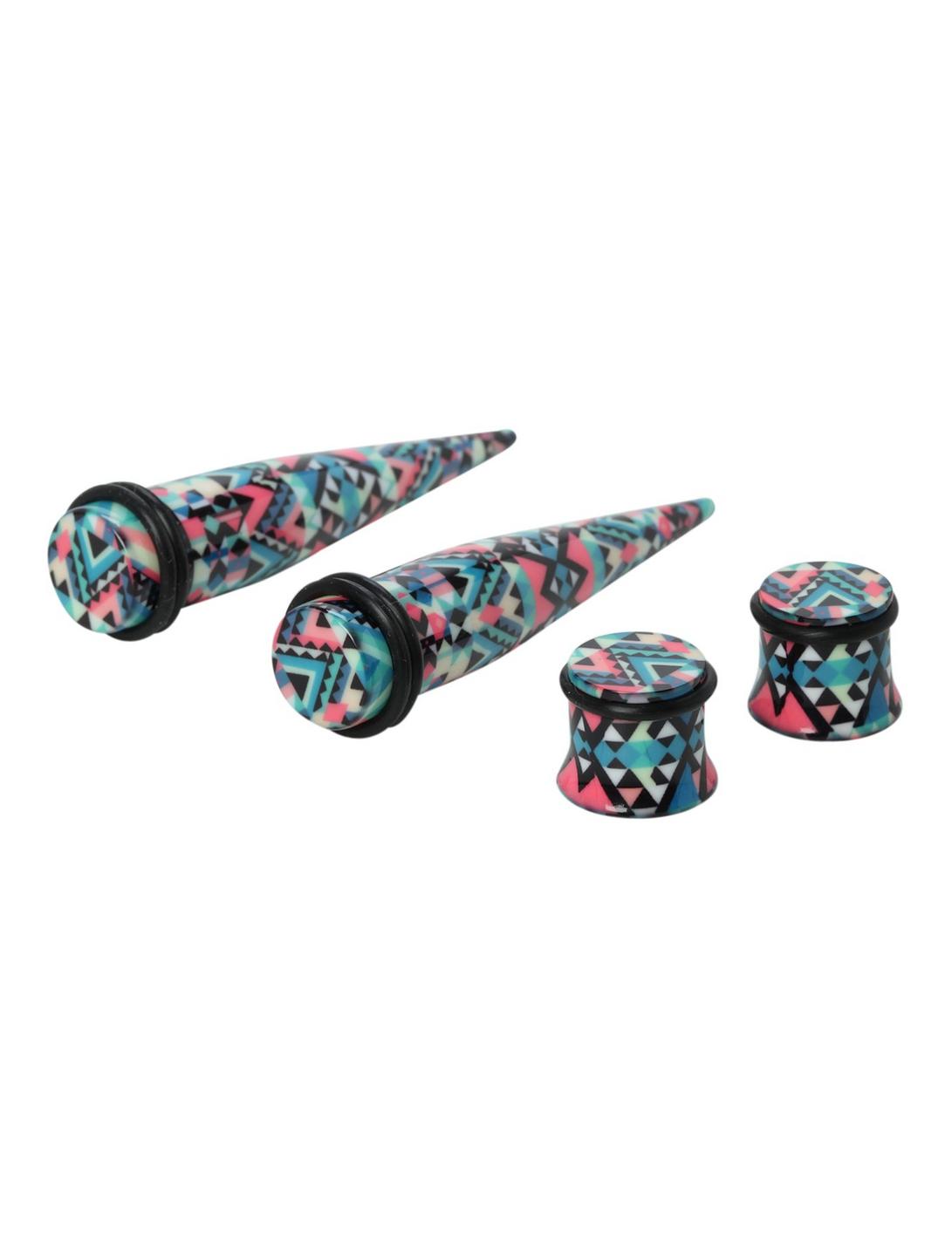 Acrylic Pink And Green Geometric Taper And Plug 4 Pack, BLACK, hi-res