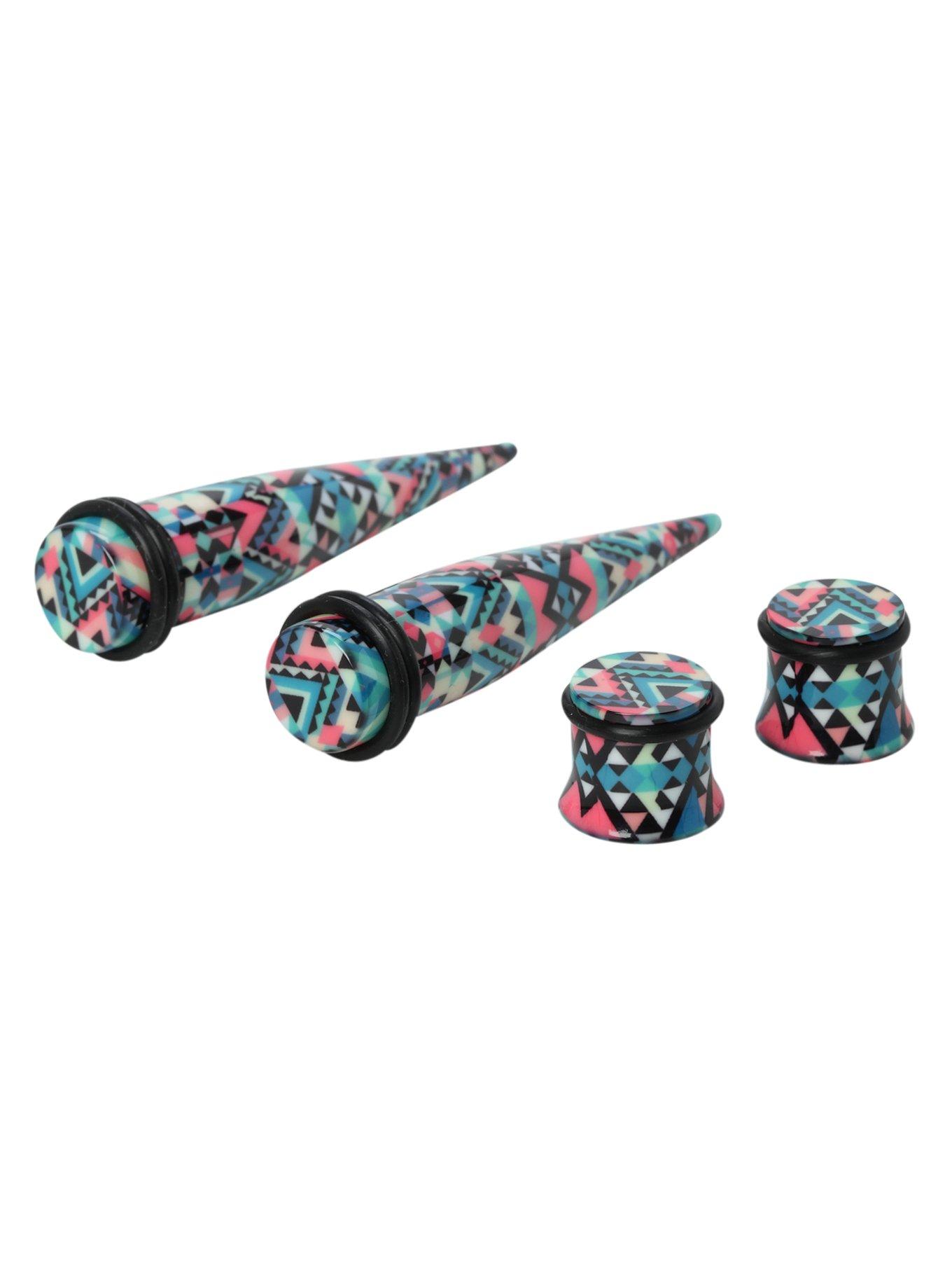 Acrylic Pink And Green Geometric Taper And Plug 4 Pack, BLACK, hi-res