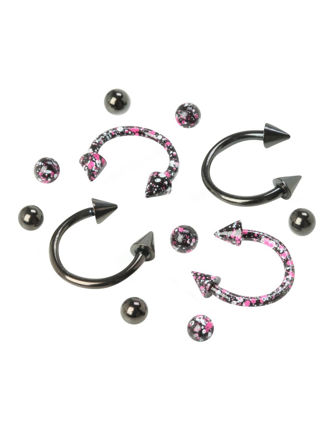 Steel Black And Pink Splatter Circular Barbell 4 Pack, BLACK, hi-res