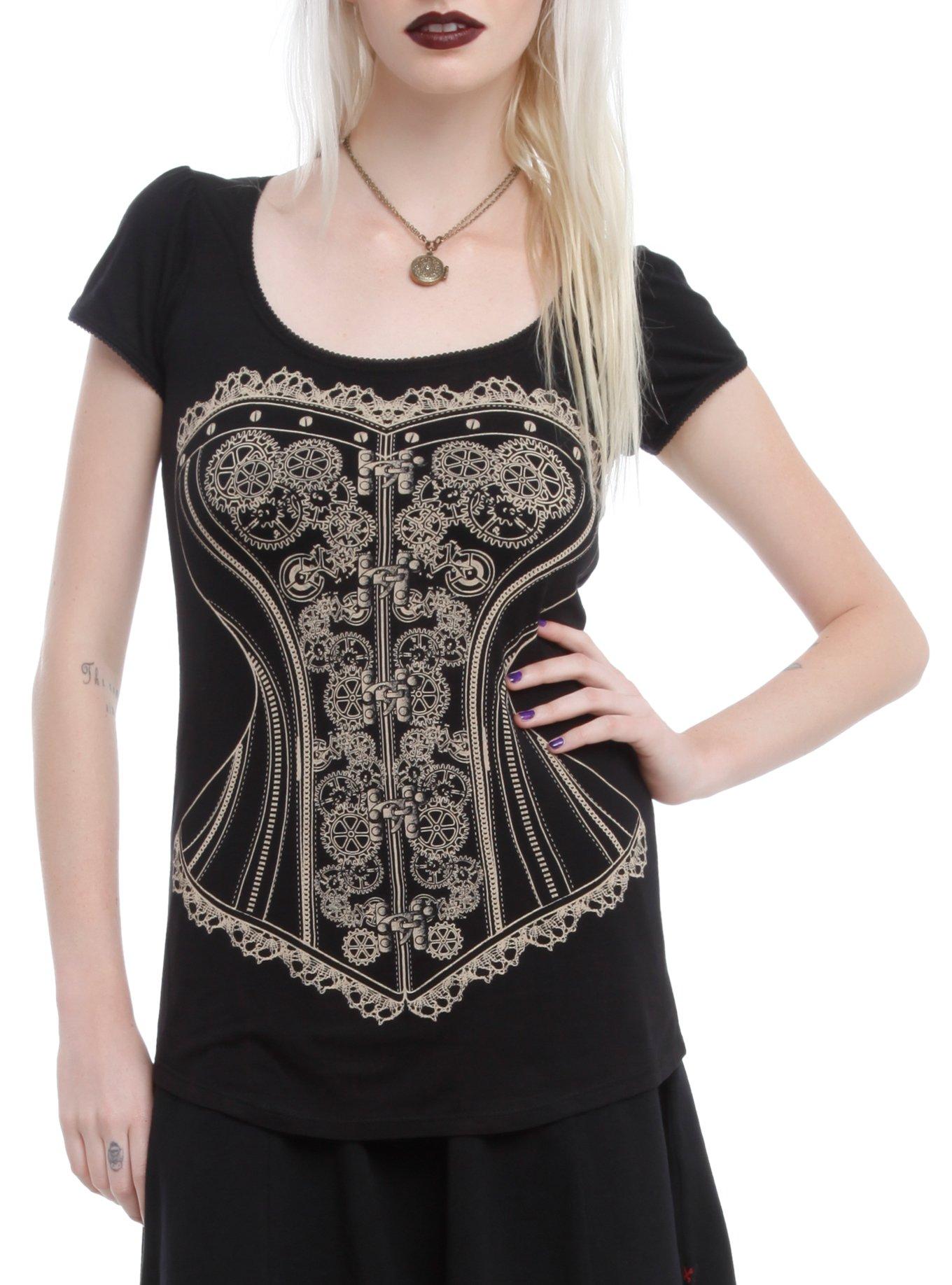 Black Corset Printed Top, BLACK, hi-res