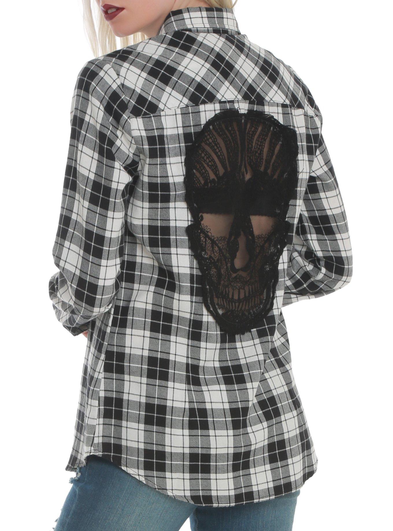 Black & White Plaid Skull Woven Top, BLACK, hi-res