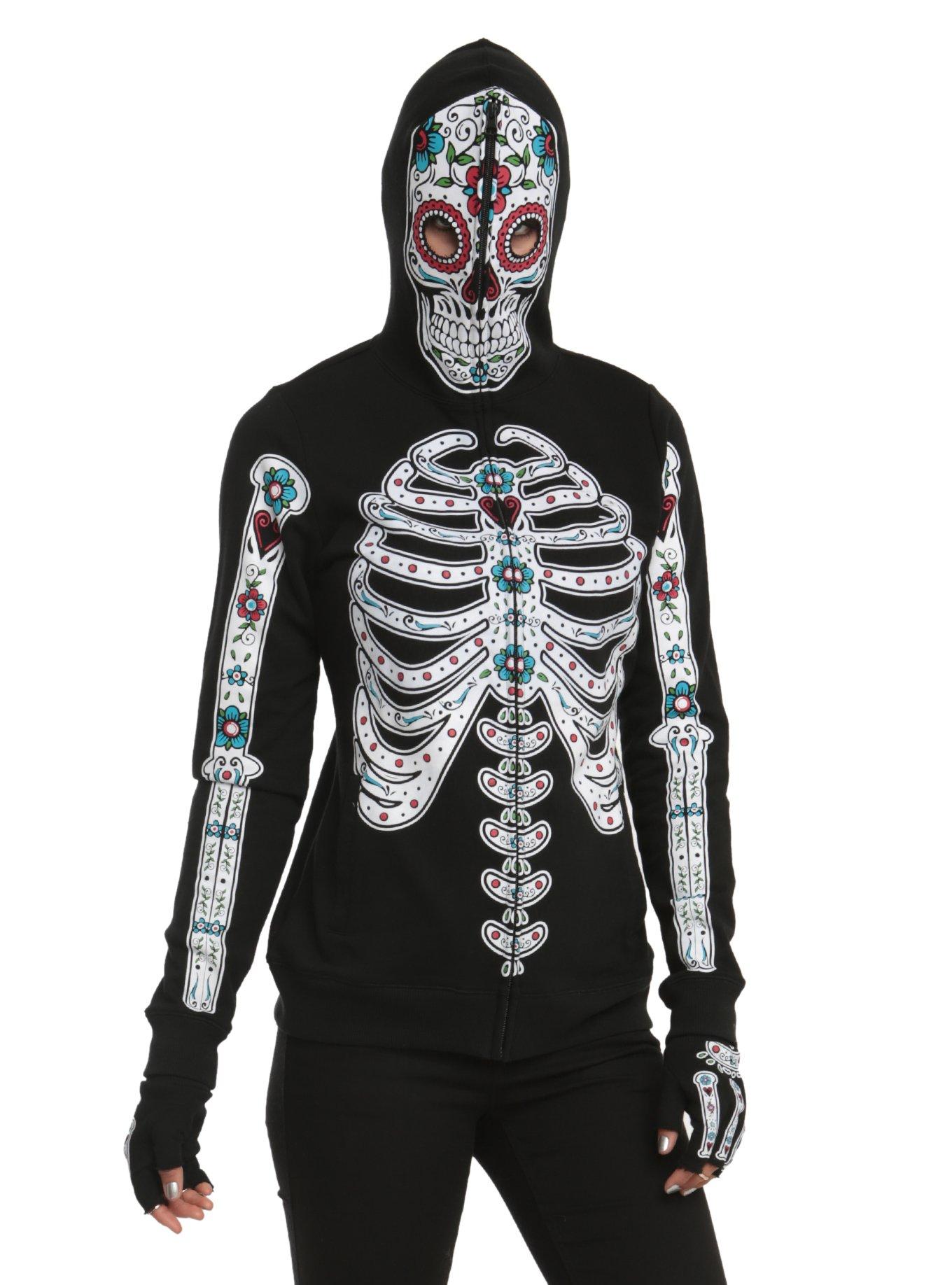 Glow-In-The-Dark Sugar Skull Girls Full Zip Hoodie, BLACK, hi-res