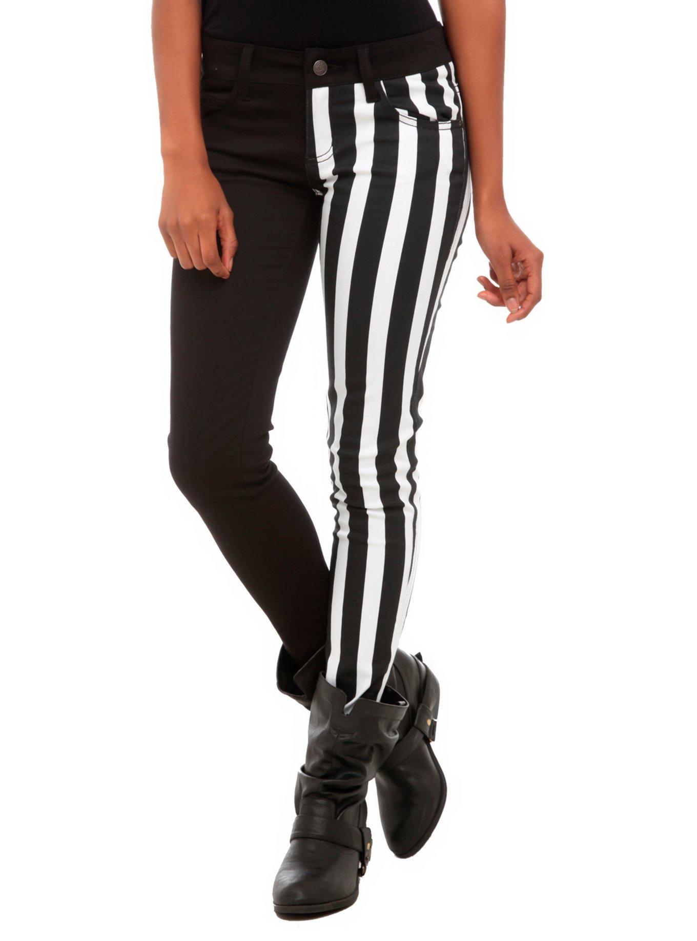 Royal Bones By Tripp Black & White Stripes Split Leg Skinny Jeans