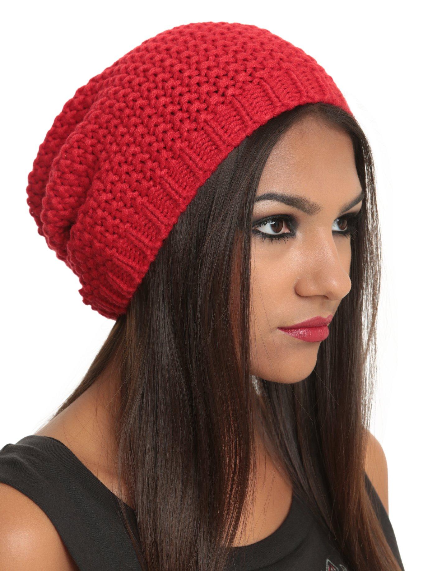 Red Heavy Knit Slouch Beanie, , hi-res