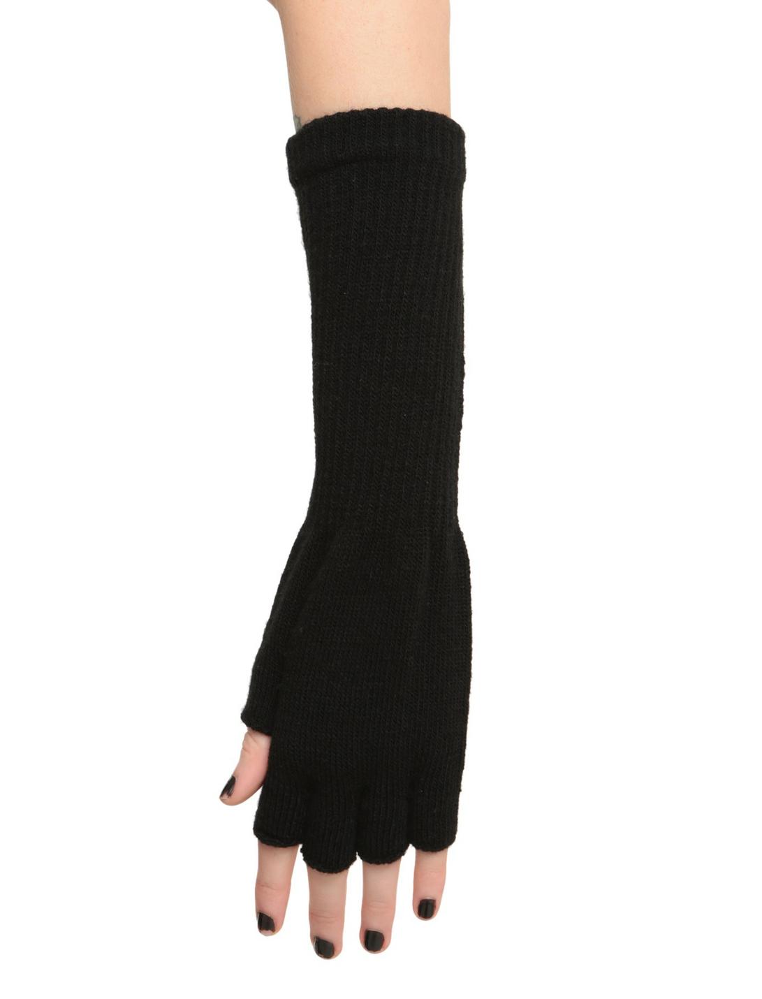 Black Knit Extended Cuff Fingerless Gloves, , hi-res