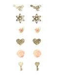 Bird Flower And Heart Burnished Gold Tone Earrings 6 Pair, , hi-res