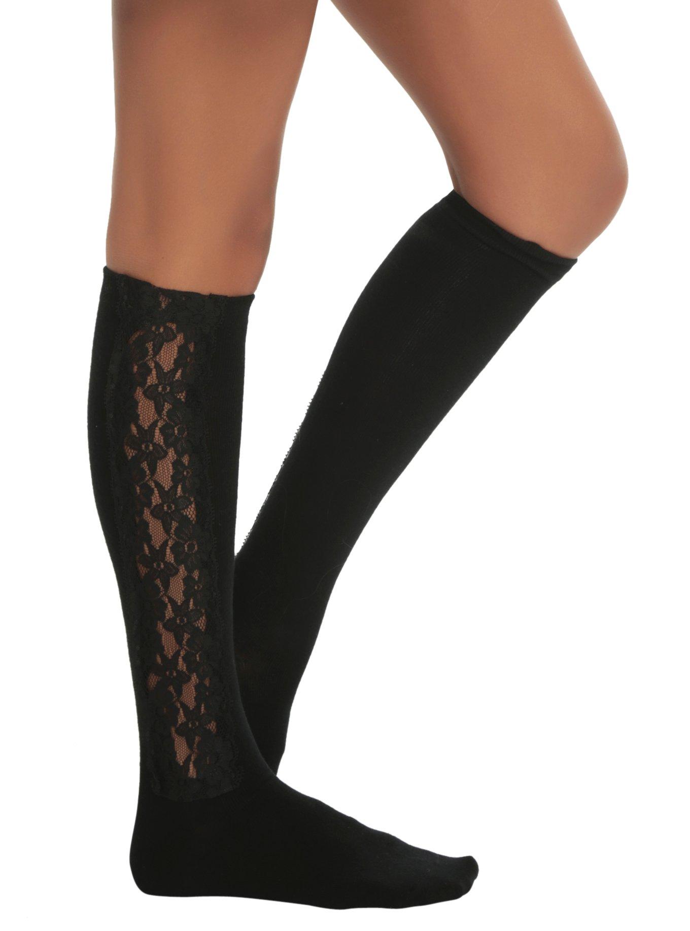 LOVEsick Black Lace Side Panel Knee-High Socks, , hi-res