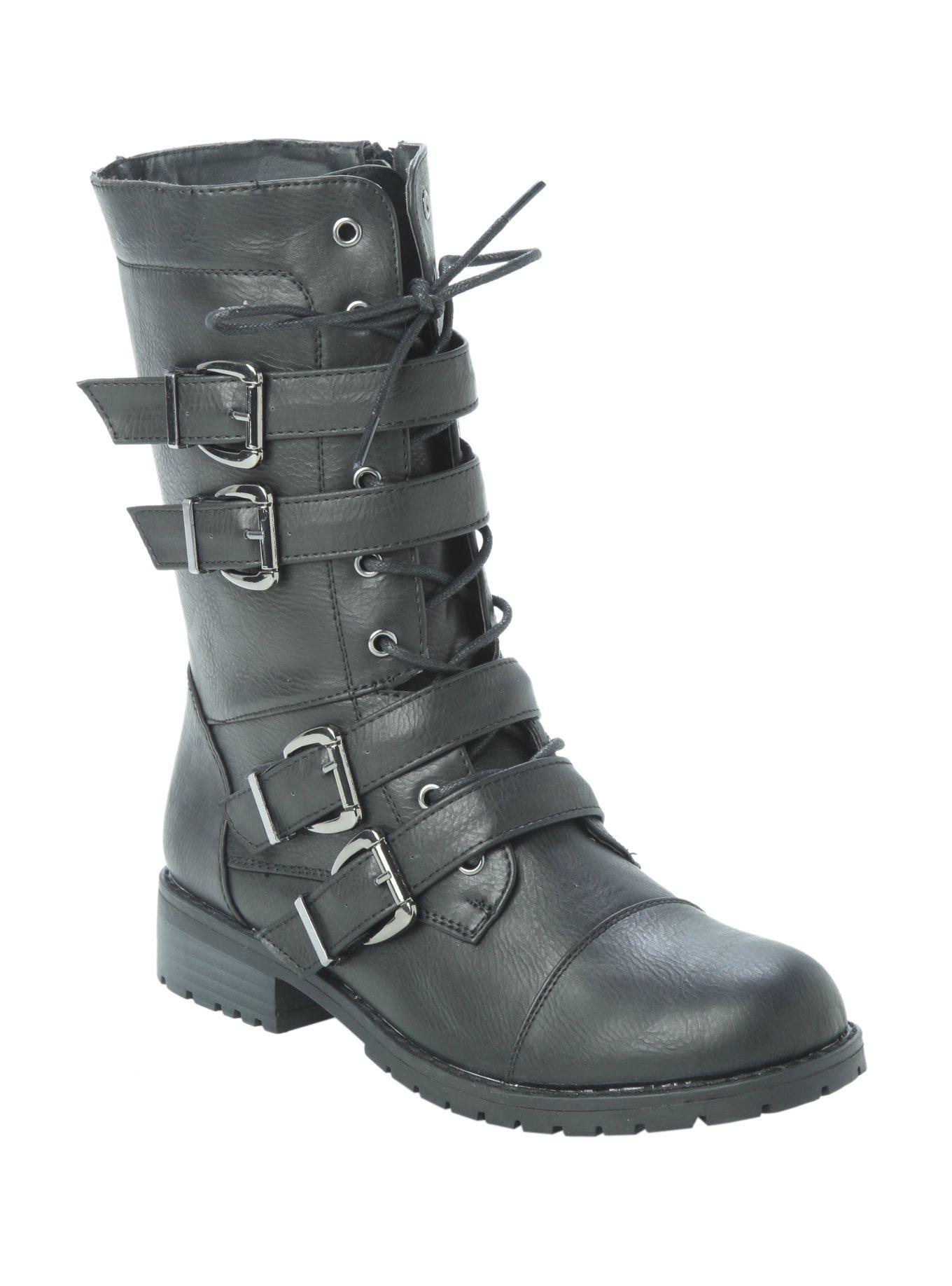 Black Four Buckle Strap Combat Boot, BLACK, hi-res