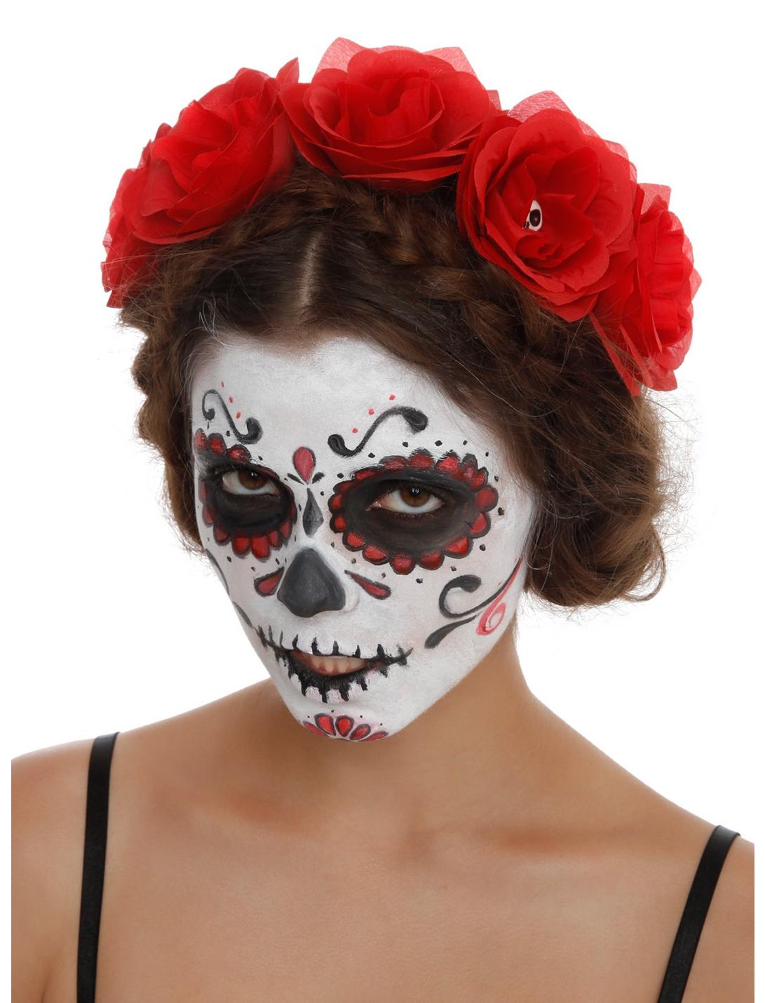 Red Rose And Skull Stretch Headband, , hi-res