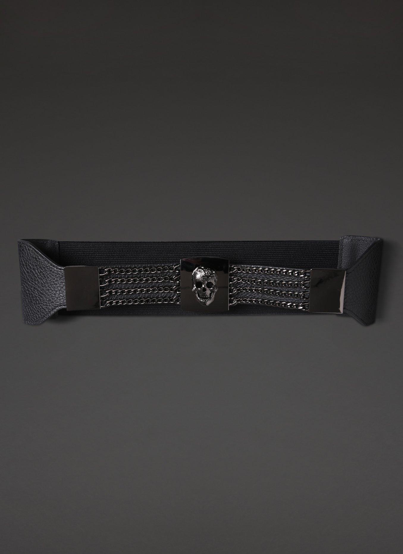 Skull & Chain Stretch Belt, BLACK, hi-res