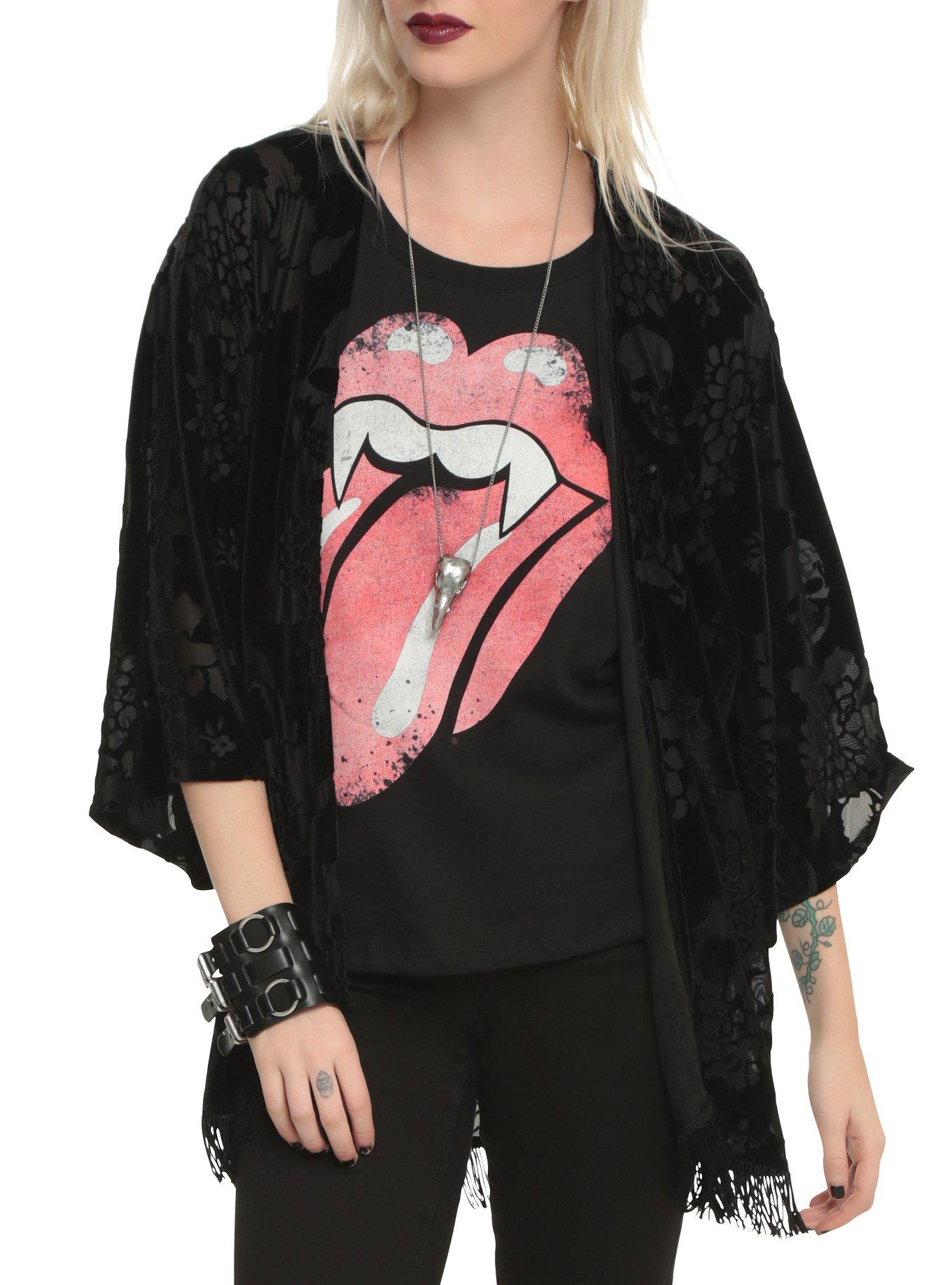 Black Burnout Skull Fringe Shawl, BLACK, hi-res