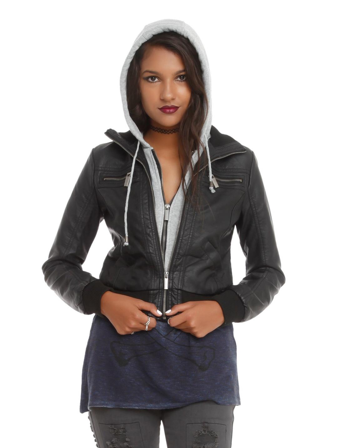 Black And Grey Faux Leather Zipper Hooded Jacket, BLACK, hi-res
