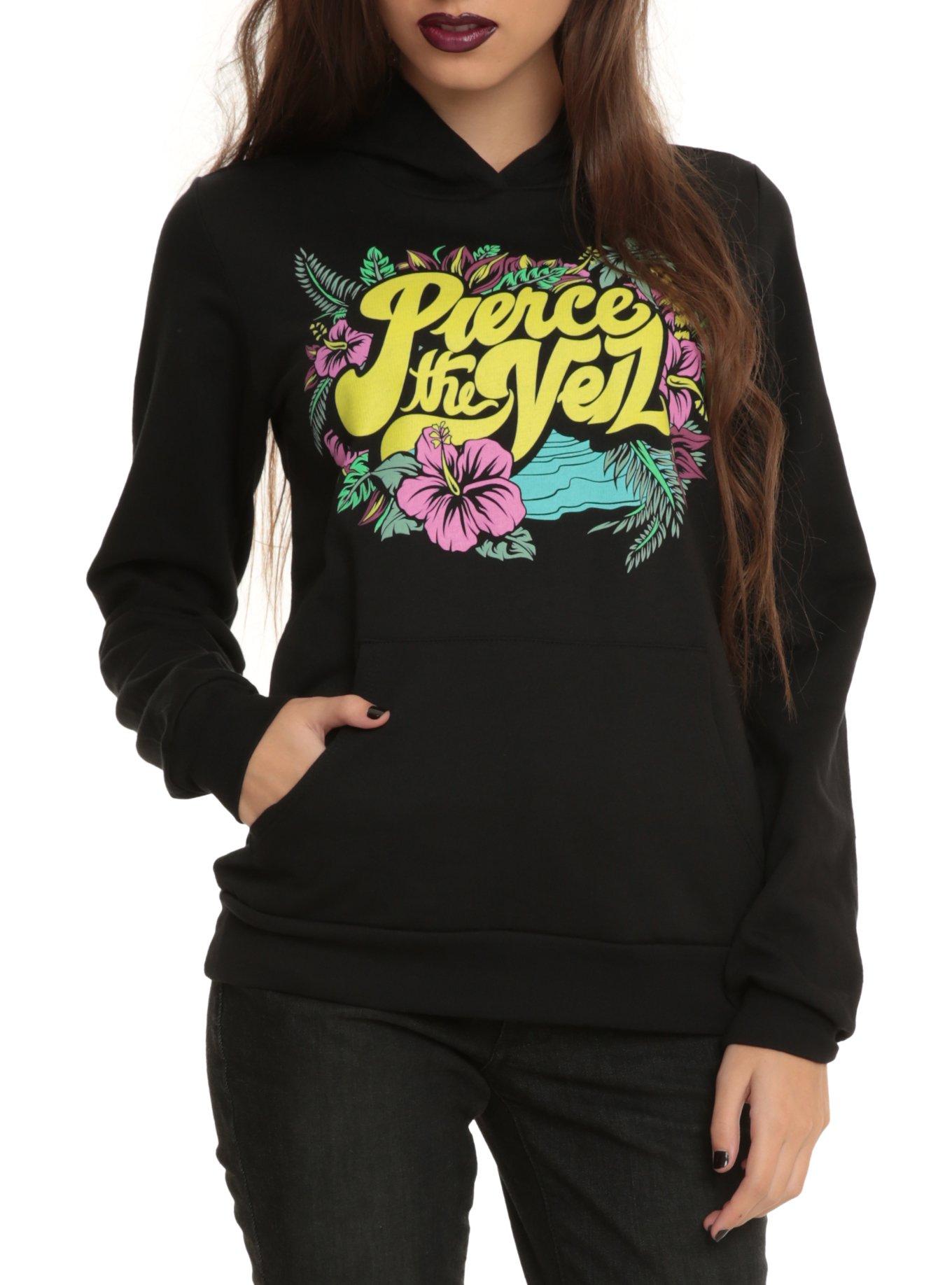 Pierce The Veil Tropical Floral Logo Girls Pullover Hoodie, BLACK, hi-res