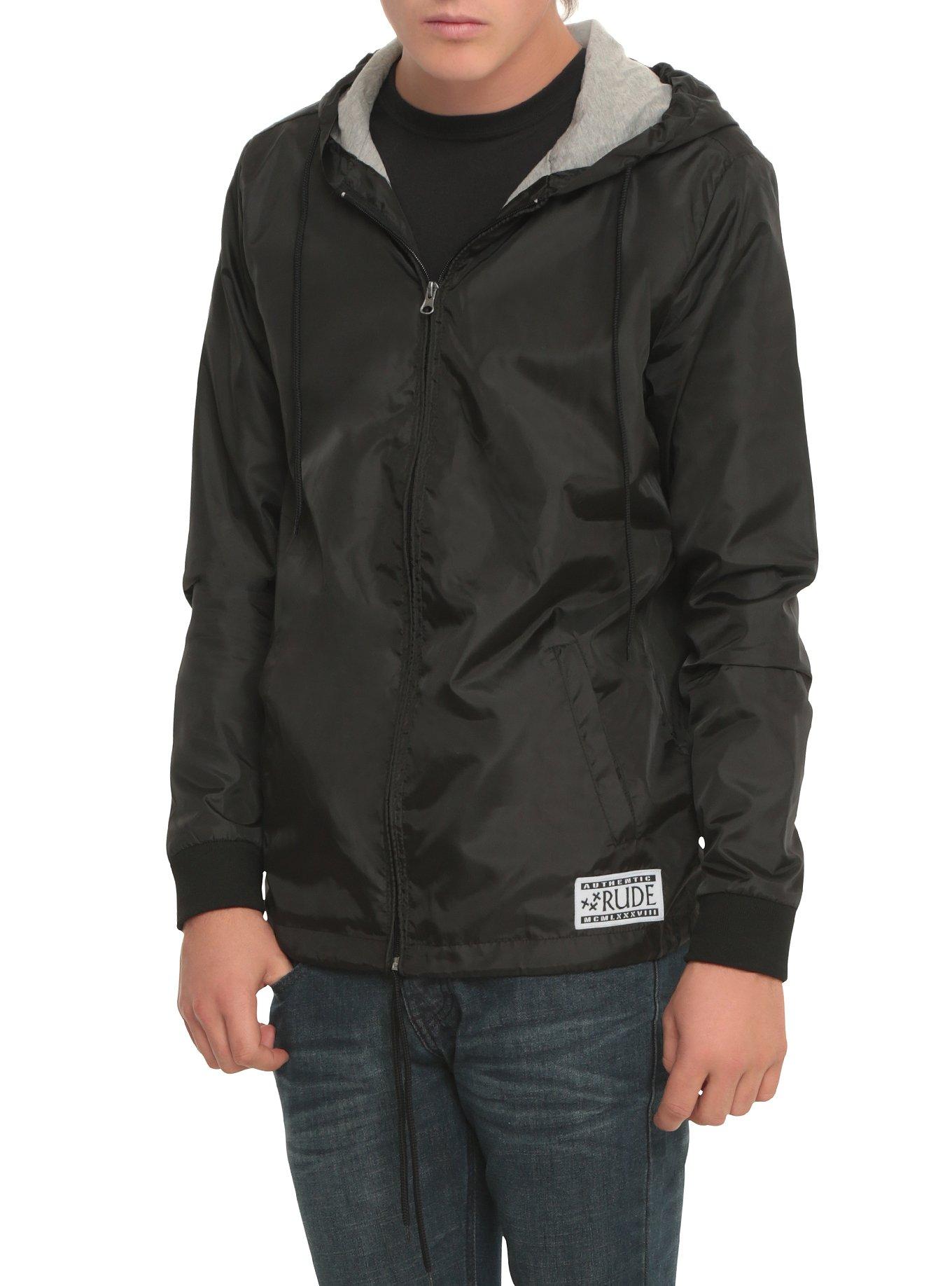 RUDE Black Hooded Windbreaker, BLACK, hi-res