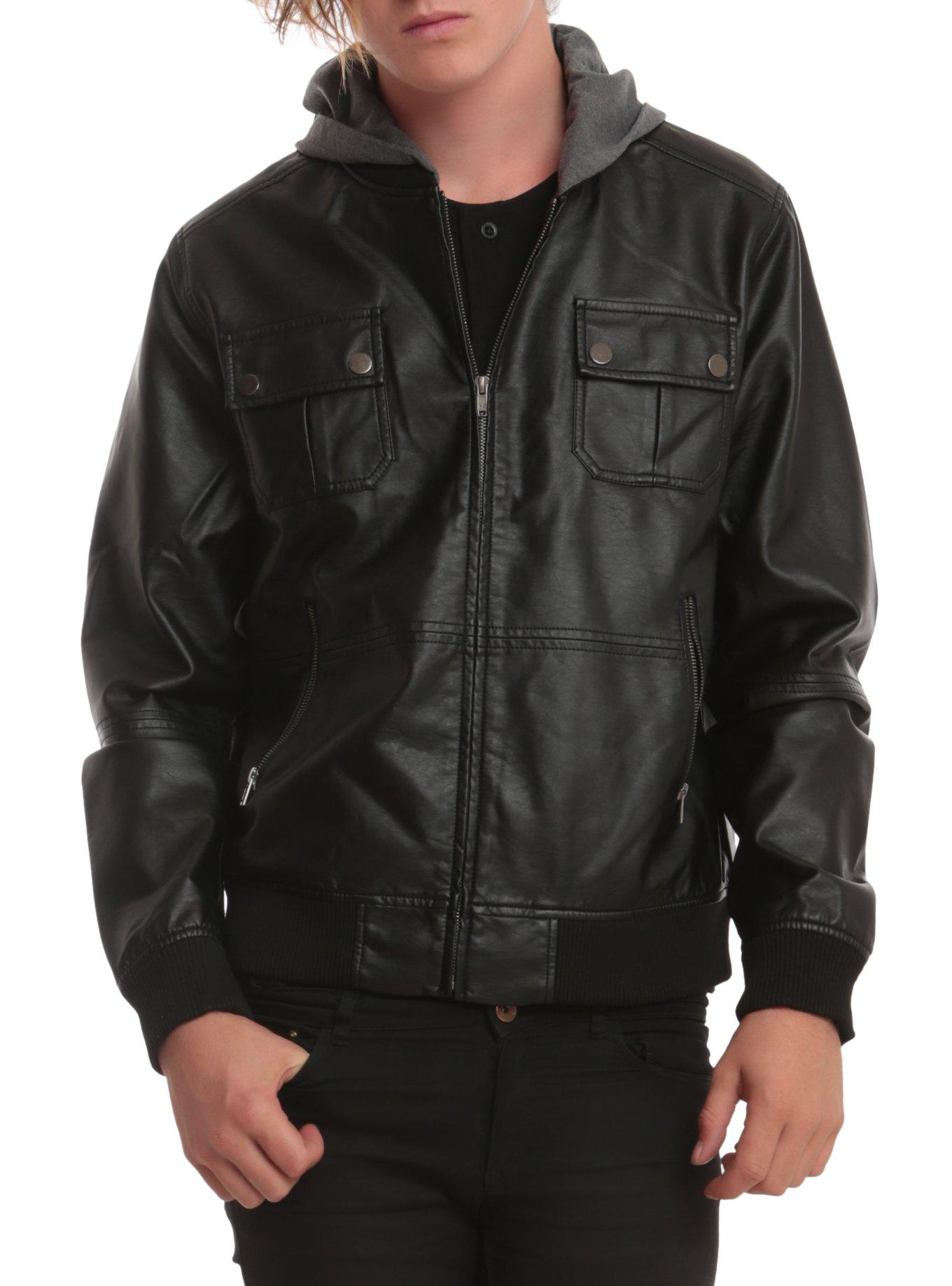 RUDE Black PU Hooded Bomber Jacket, BLACK, hi-res