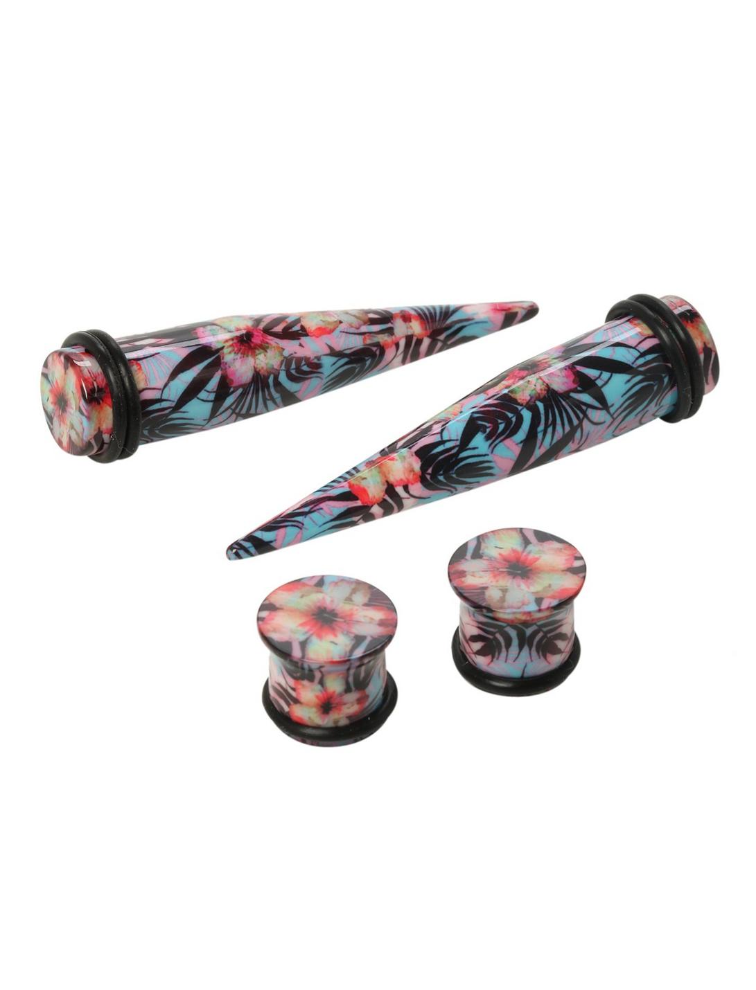 Acrylic Blue And Pink Tropical Floral Taper And Plug 4 Pack, BLACK, hi-res