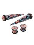 Acrylic Blue And Pink Tropical Floral Taper And Plug 4 Pack, BLACK, hi-res