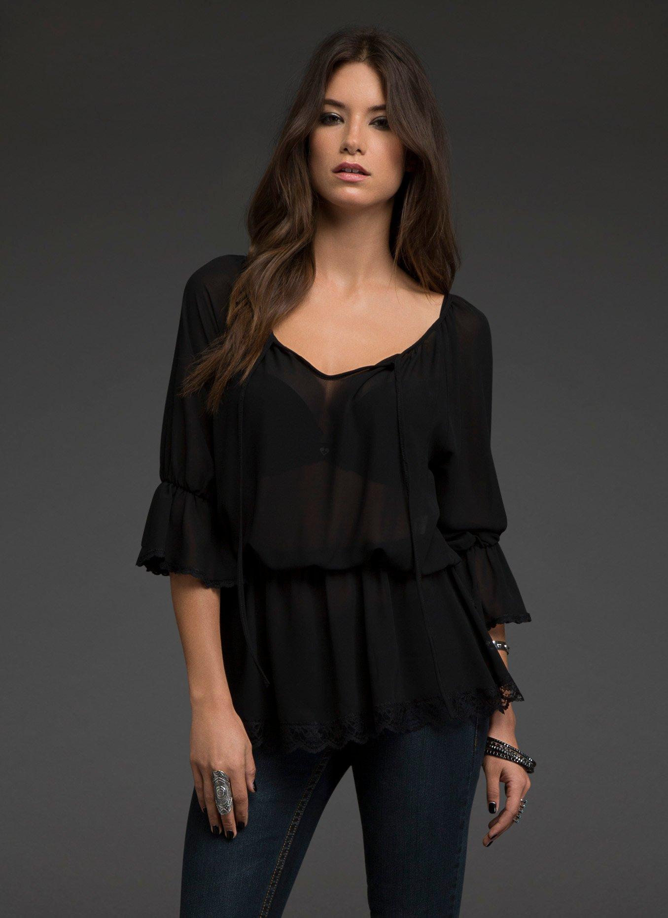 Lace Trim Chiffon Peasant Blouse, , hi-res