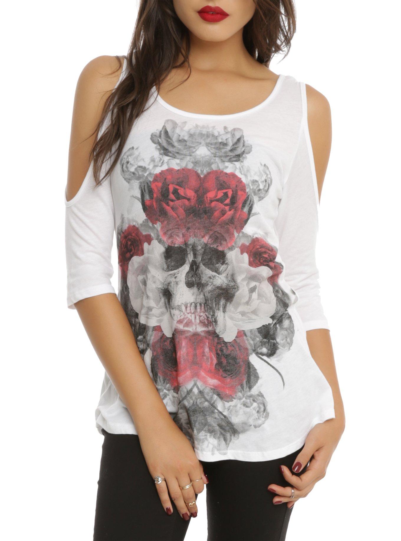 Floral Skull Cut-Out Cold Shoulder Top, WHITE, hi-res
