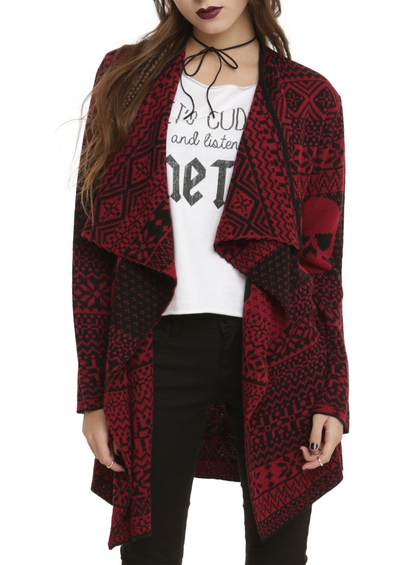 Iron Fist Black Red My Christmas Sweater Girls Flyaway Cardigan, DARK RED, hi-res