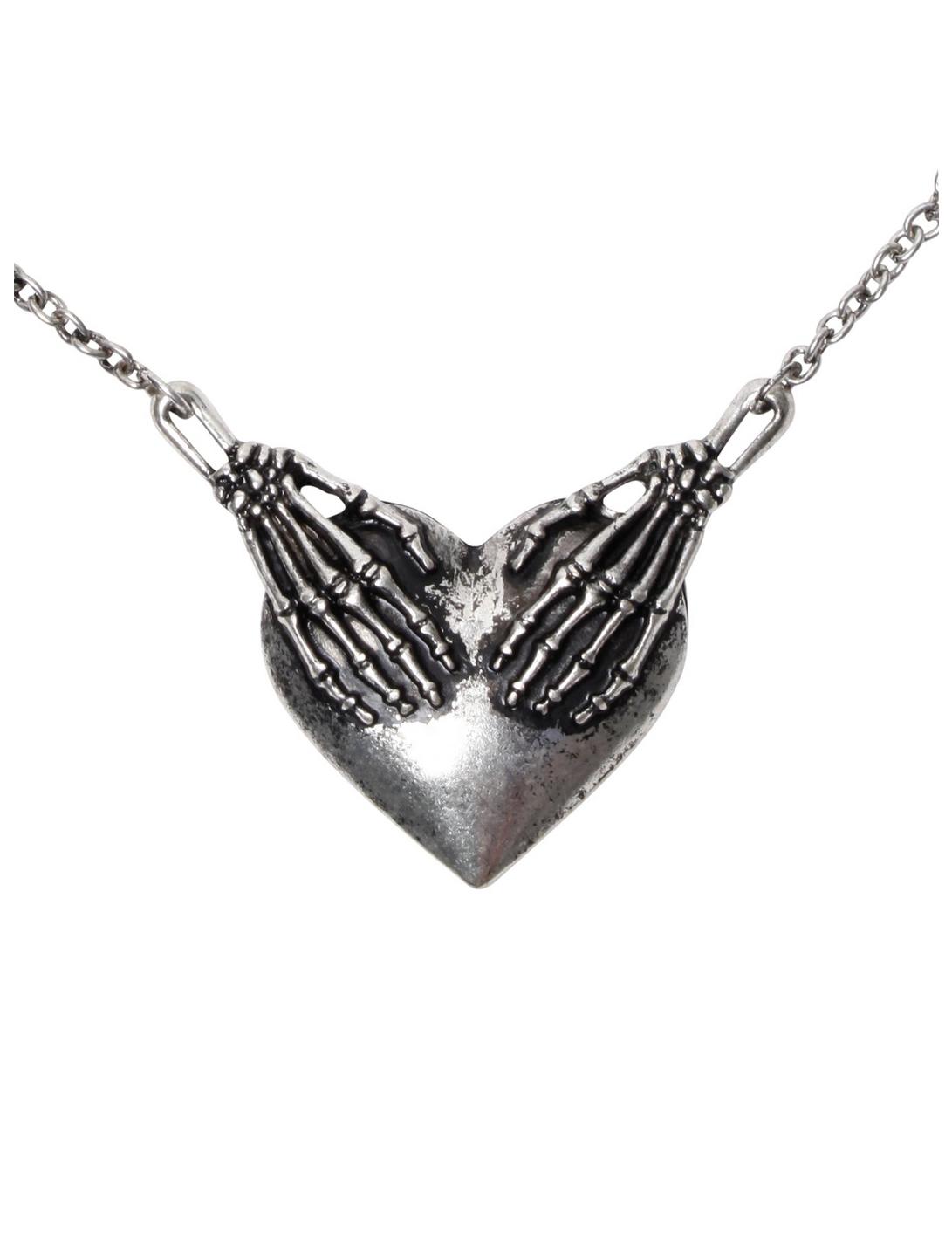 LOVEsick Skeleton Hands On Heart Necklace, , hi-res