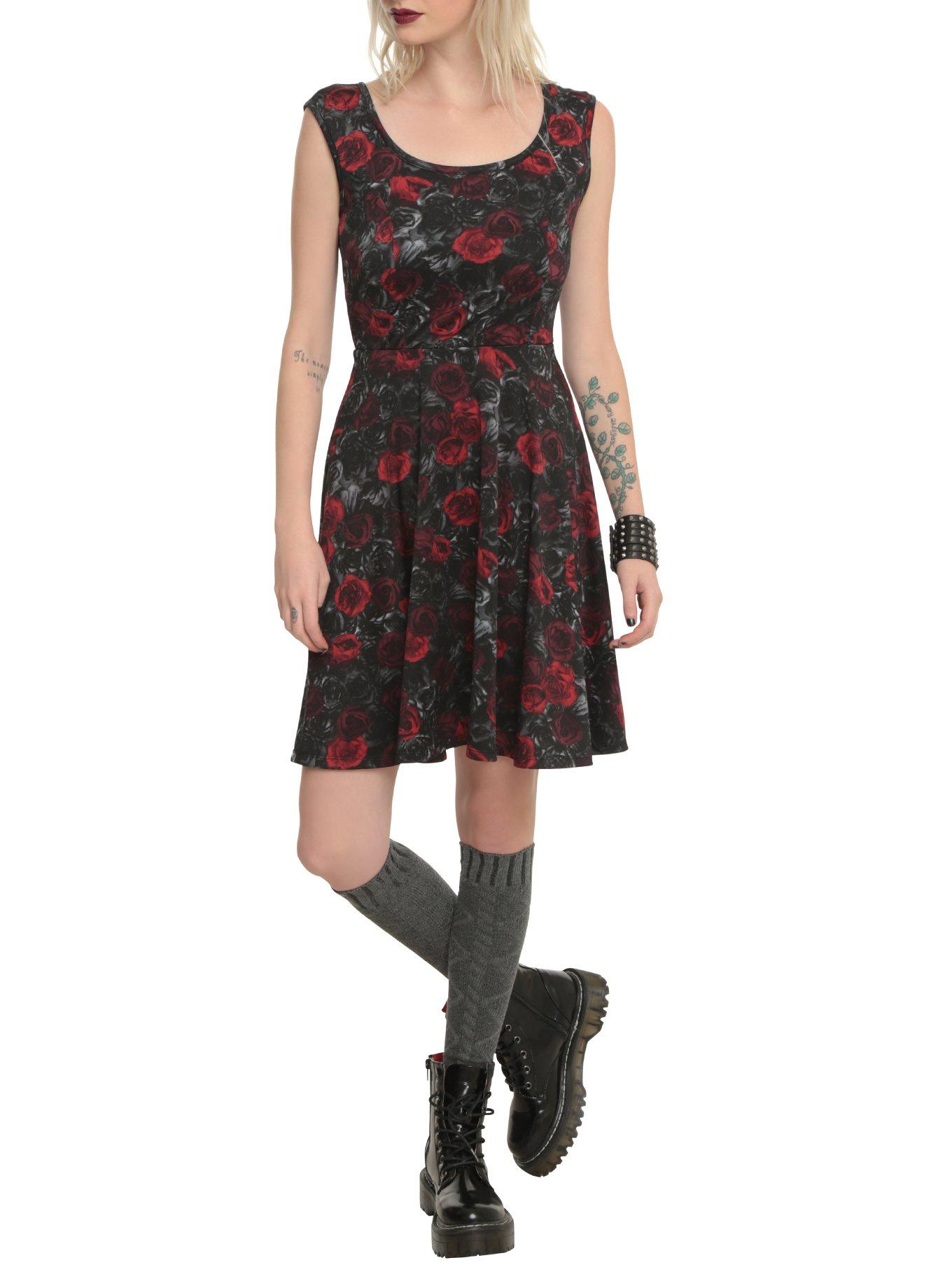 Black with red roses cheap dress