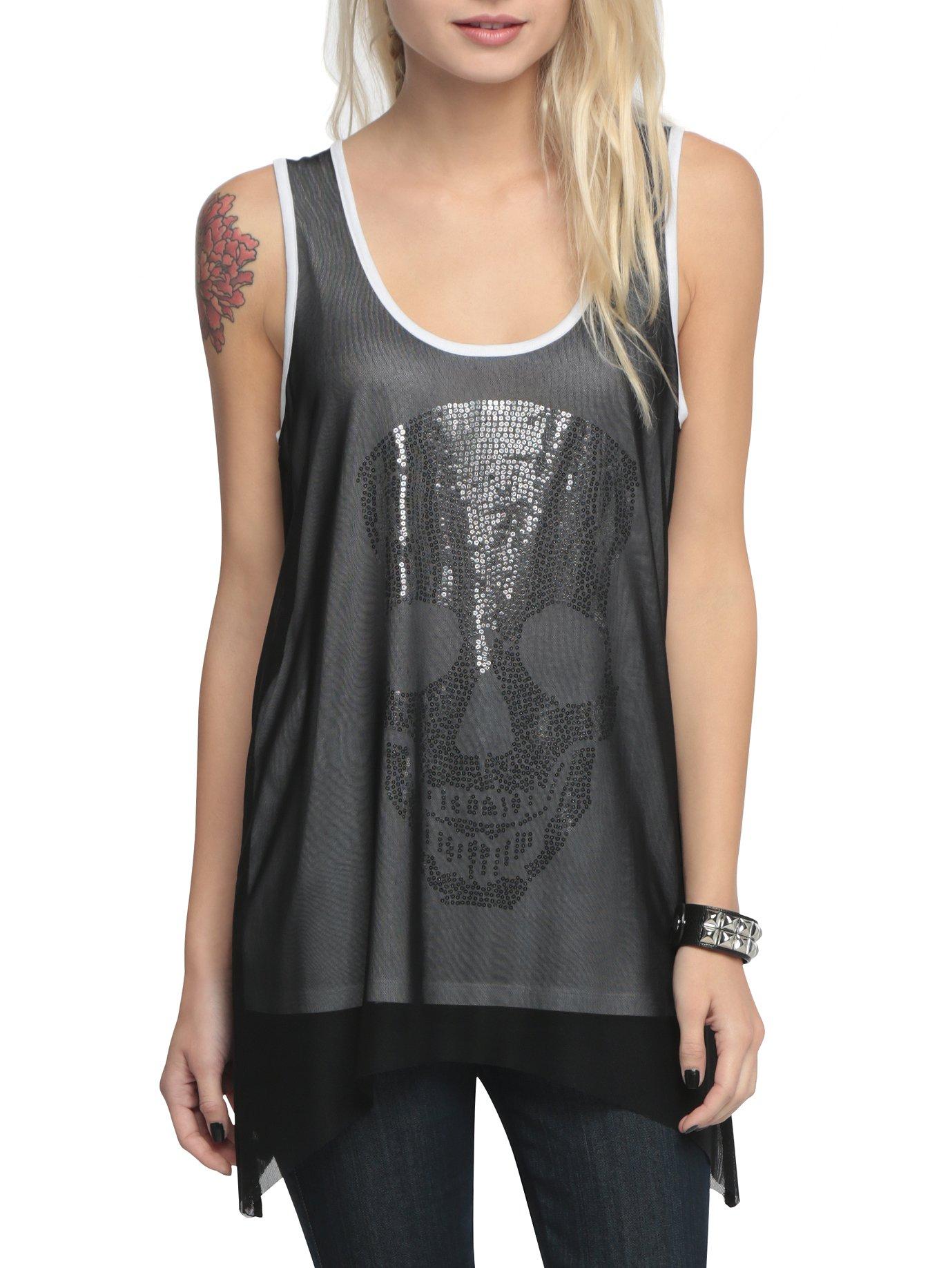 Skull Sequin Girls Tank Top, LIGHT GRAY, hi-res