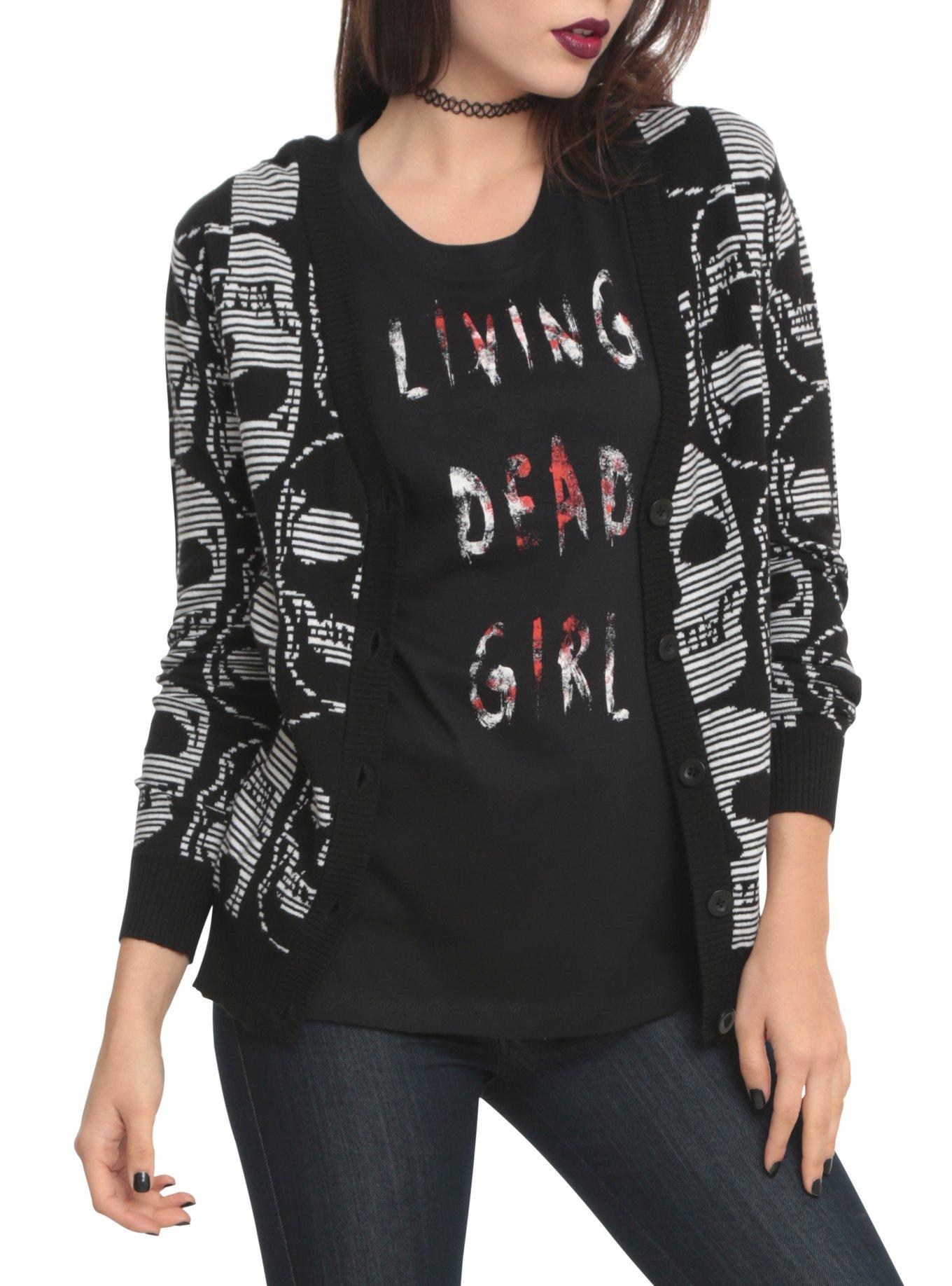 Black & White Stripe Skull Button Cardigan, BLACK, hi-res