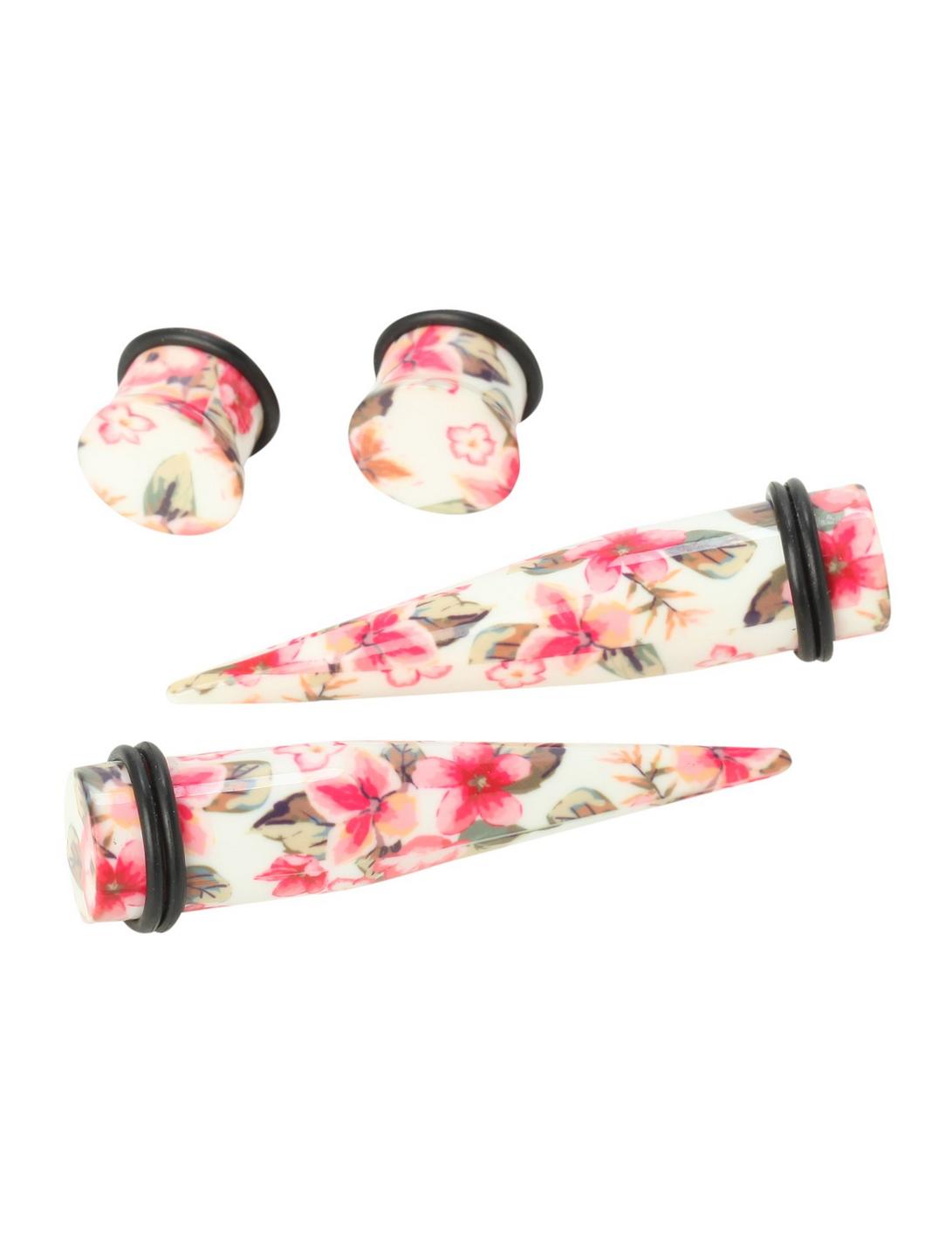 Acrylic White Pink Floral Taper And Plug 4 Pack, MULTI, hi-res
