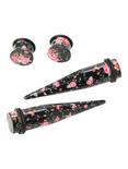 Acrylic Black Pink Floral Taper And Plug 4 Pack, BLACK, hi-res