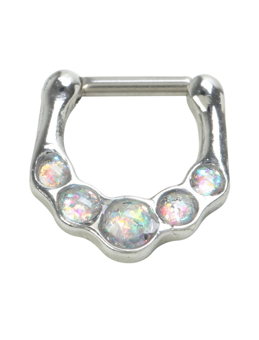 14G Steel White Opal Septum Clicker, , hi-res