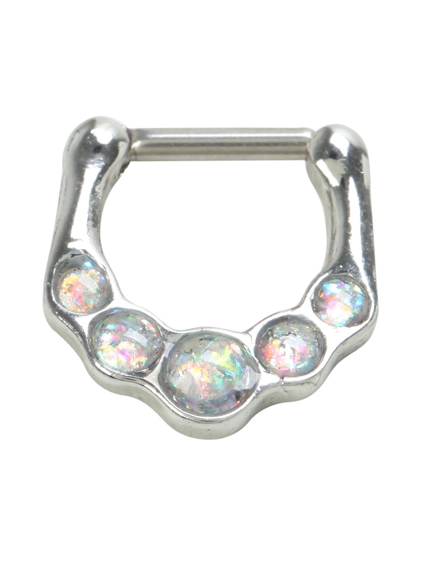 14G Steel White Opal Septum Clicker, , hi-res