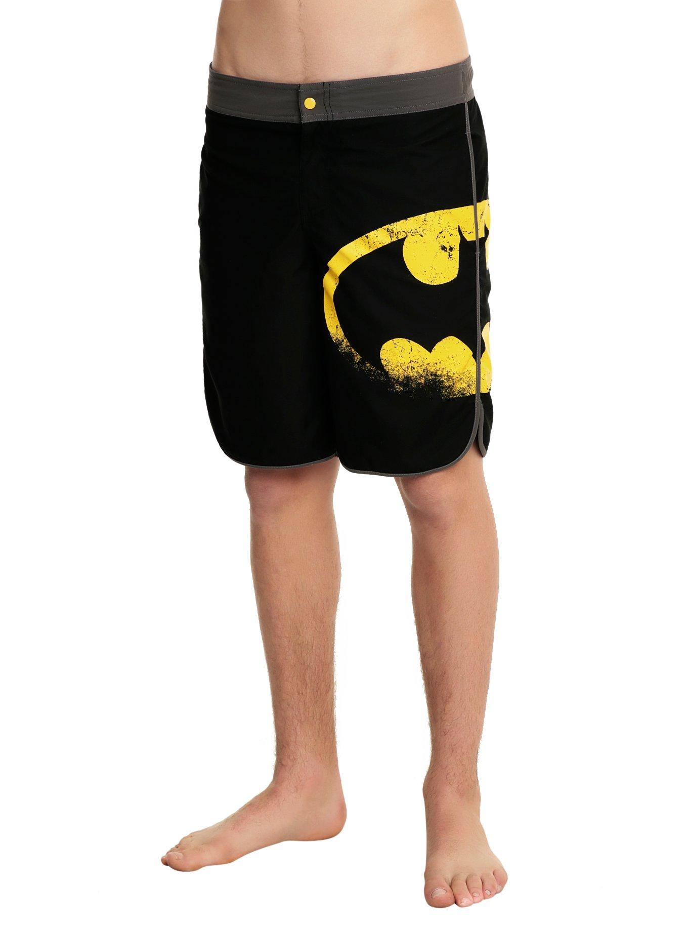 DC Comics Batman Distressed Logo Swim Trunks, BLACK, hi-res